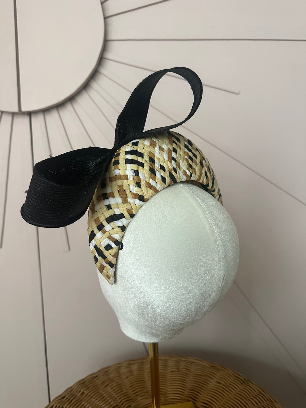 Patterned Straw Halo Headband with Vintage Sisal Bow | One-of-a-Kind Millinery