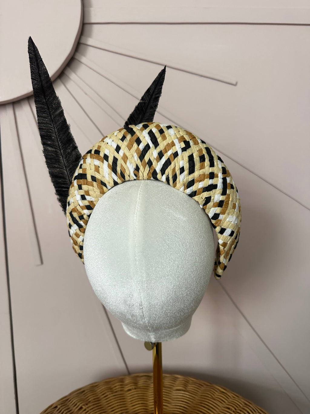 Black & Natural Woven Straw Halo Headpiece Woven with Hand-Trimmed Feather Detail
