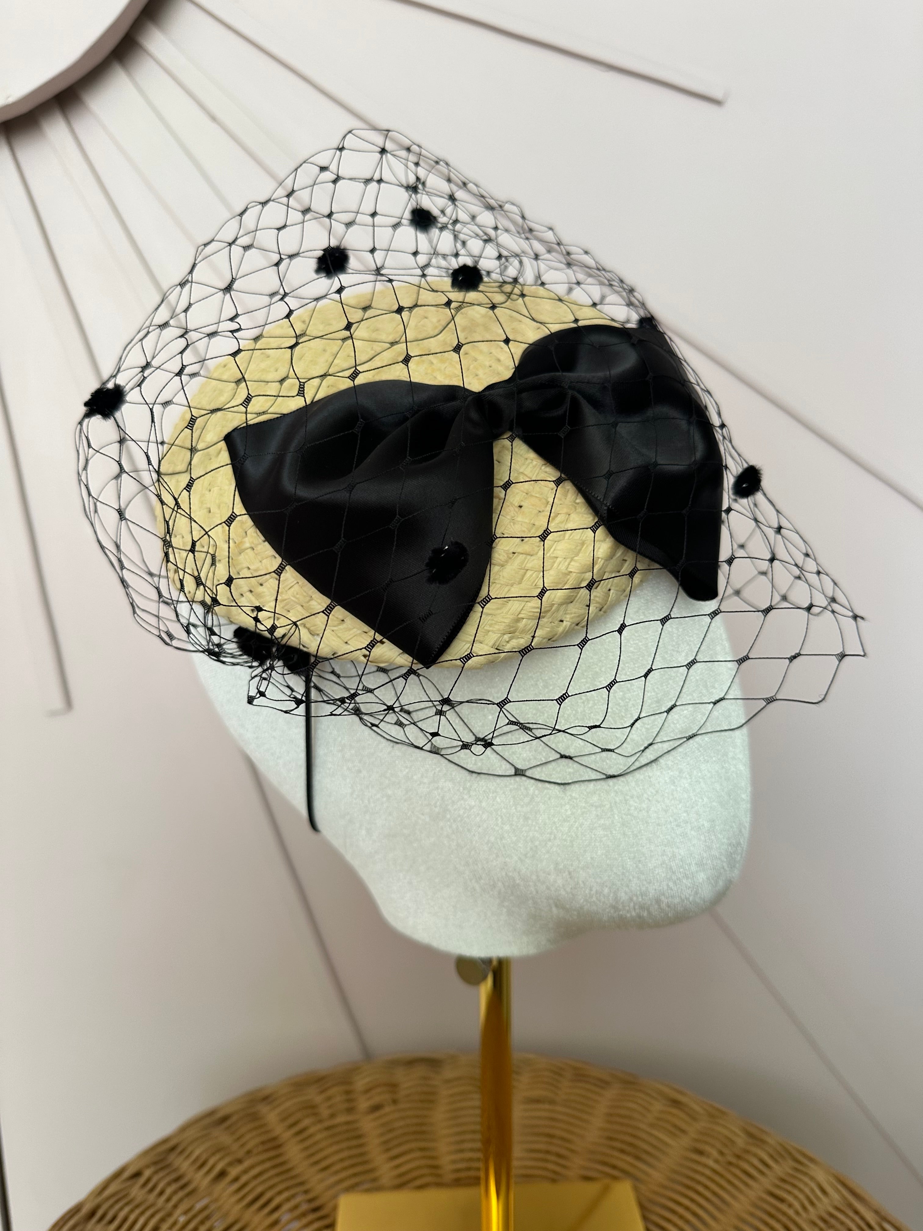 Natural Straw Button Cocktail Hat with Black Bow & French Veiling