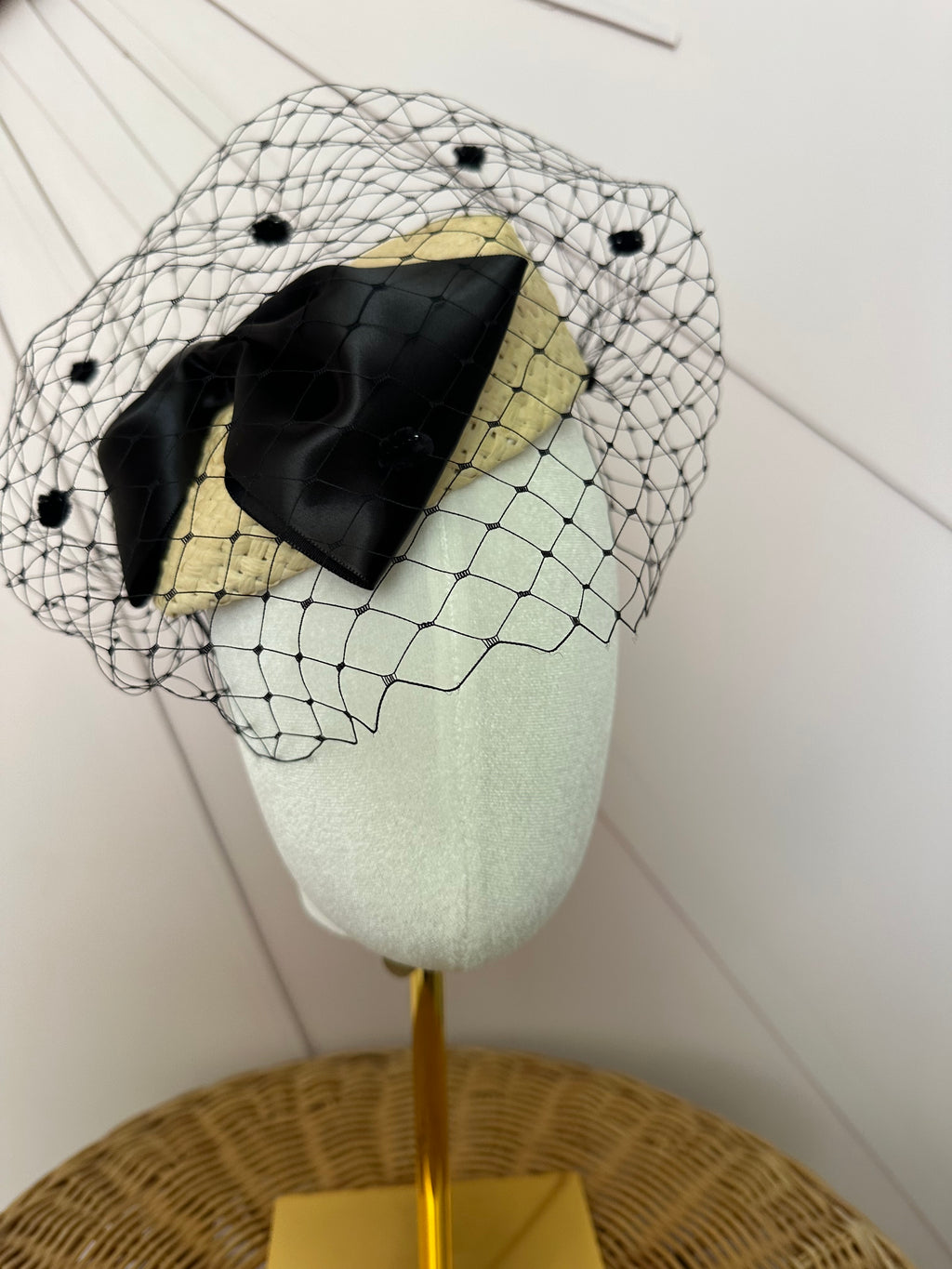 Natural Straw Button Cocktail Hat with Black Bow & French Veiling