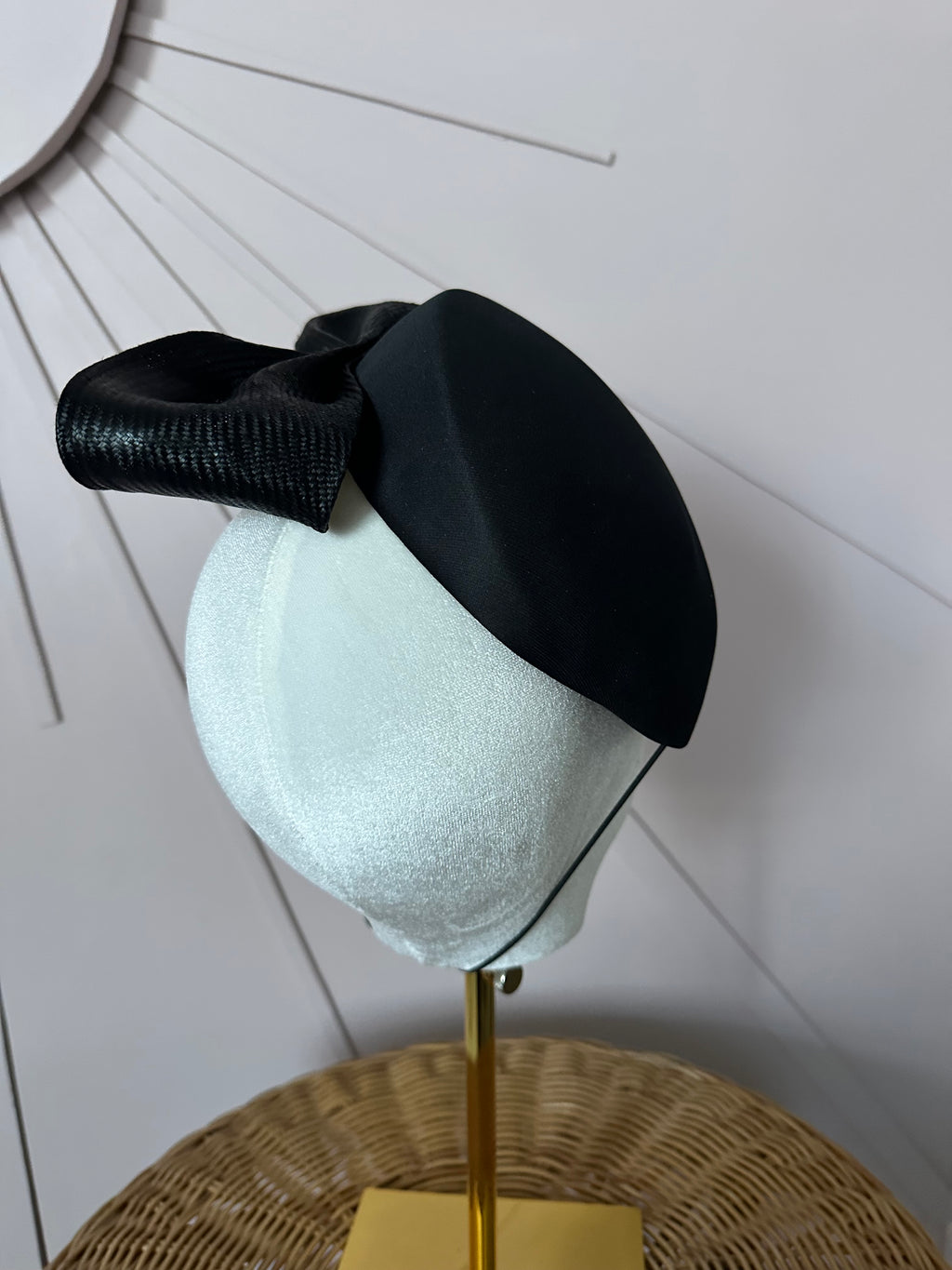 Vintage Black Satin Cocktail Hat with Sculptural Sisal Bow