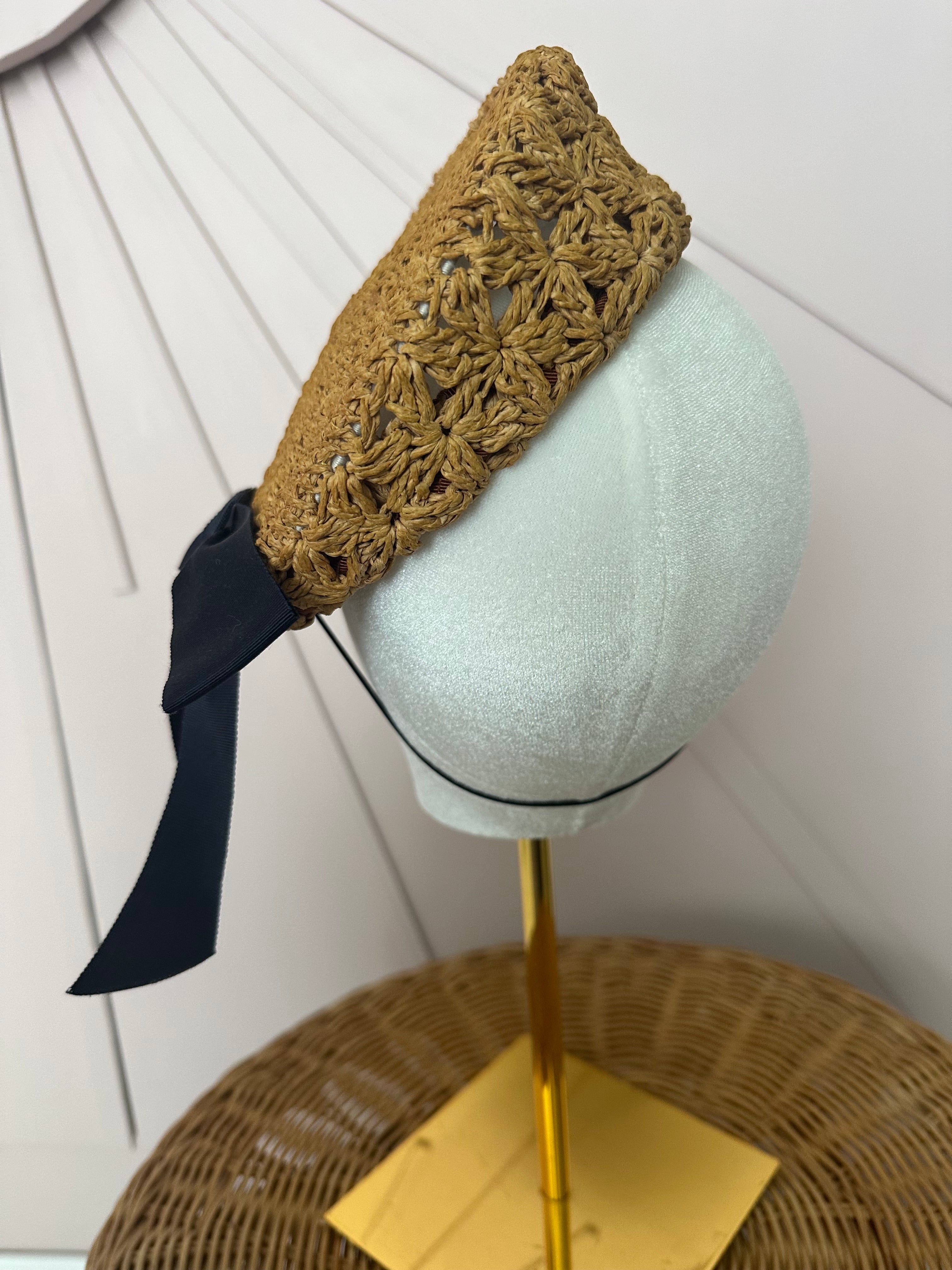 Natural Crochet Straw Button Hat with Black Grosgrain Bow