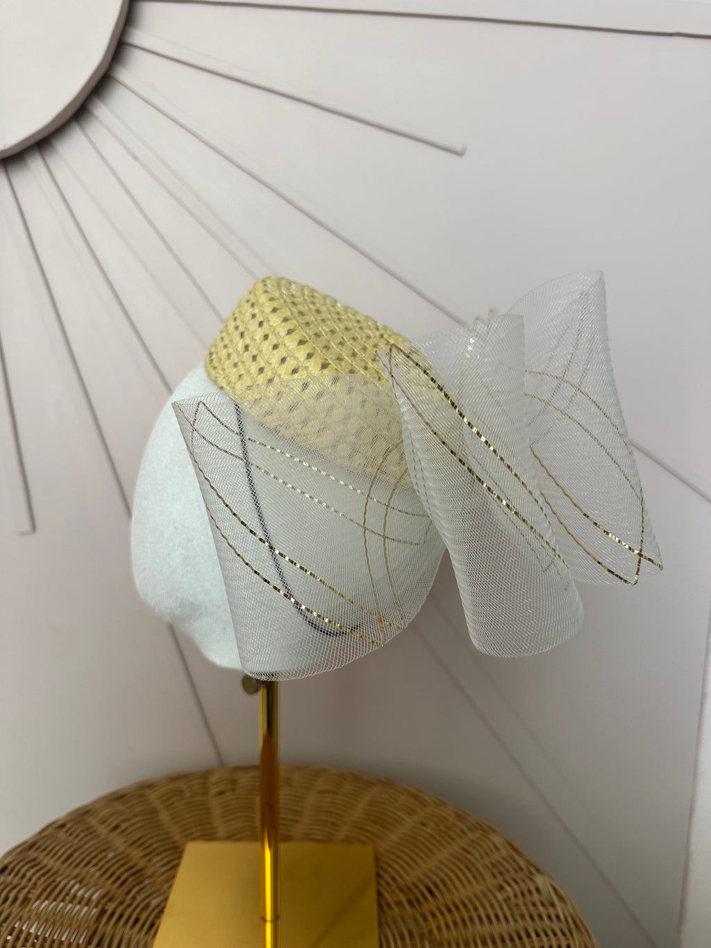 Natural Straw Pillbox Hat with Ivory & Gold Crinoline Bow