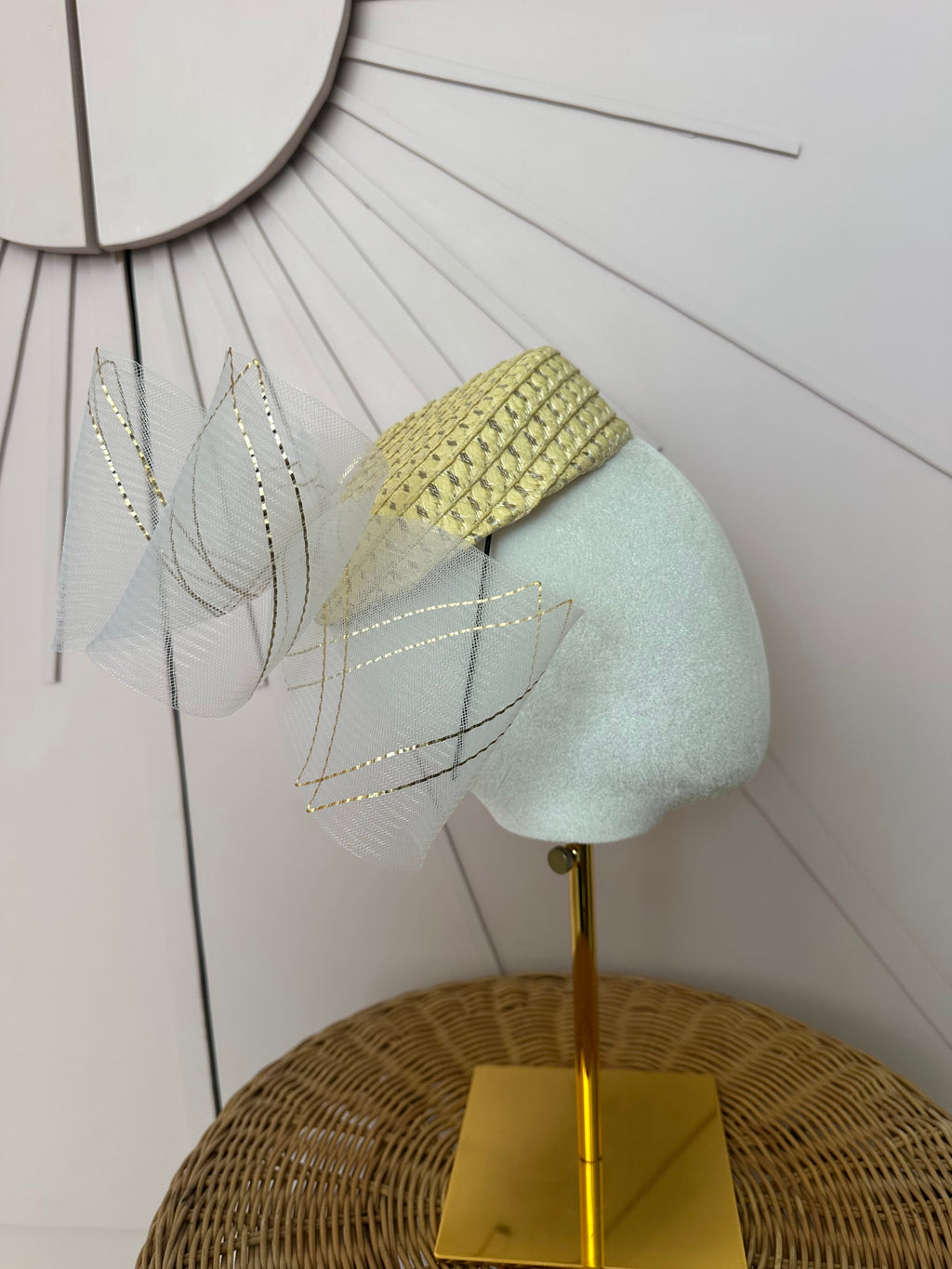 Natural Straw Pillbox Hat with Ivory & Gold Crinoline Bow