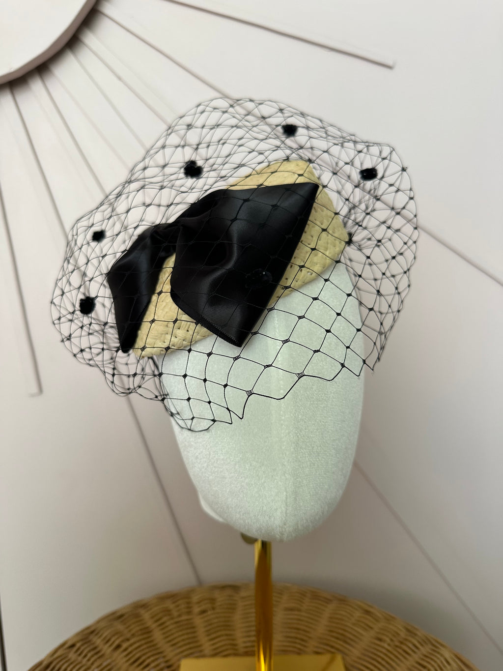 Natural Straw Button Cocktail Hat with Black Bow & French Veiling