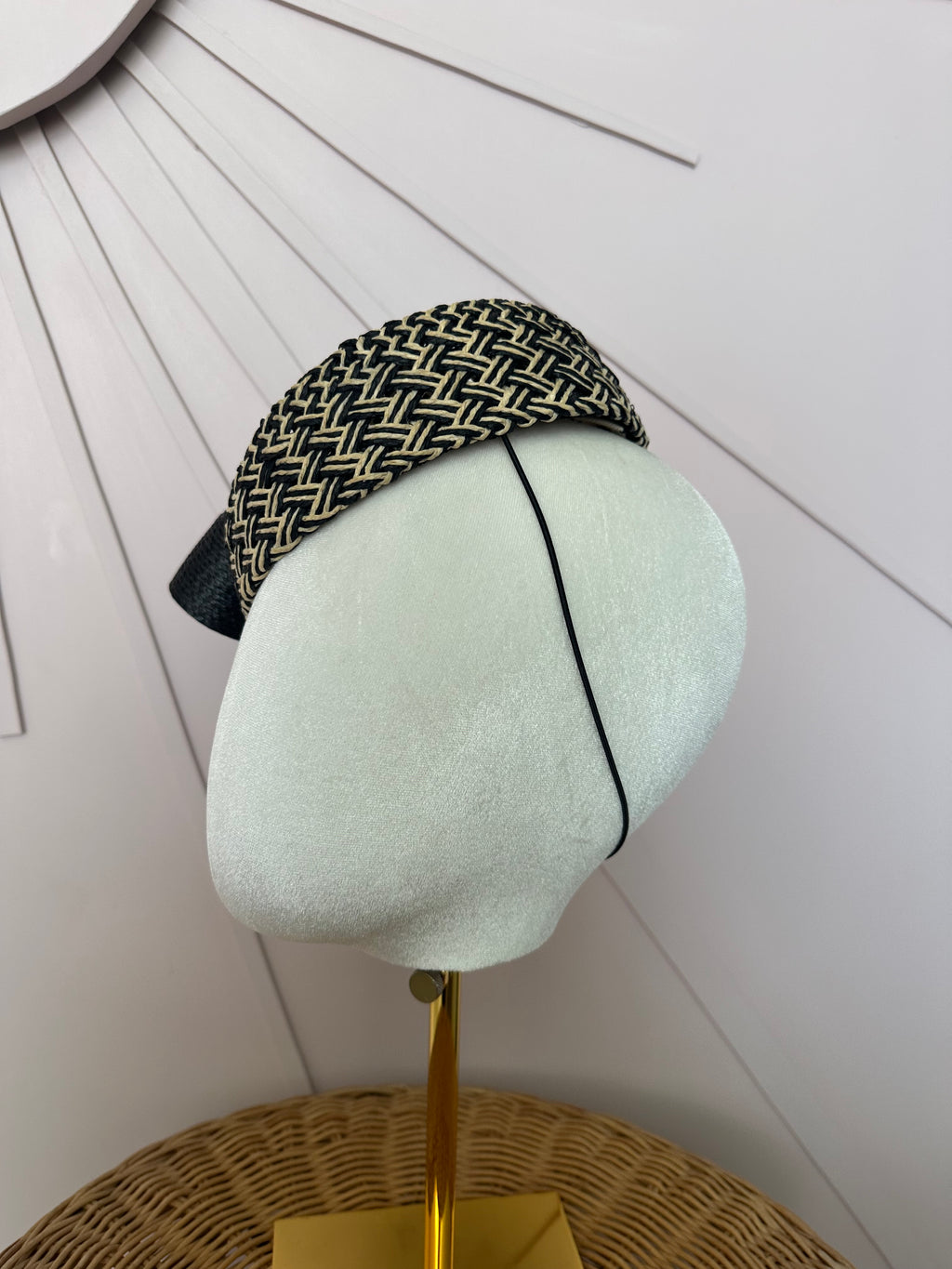 Black & Natural Woven Pillbox Hat with Sculptural Bow