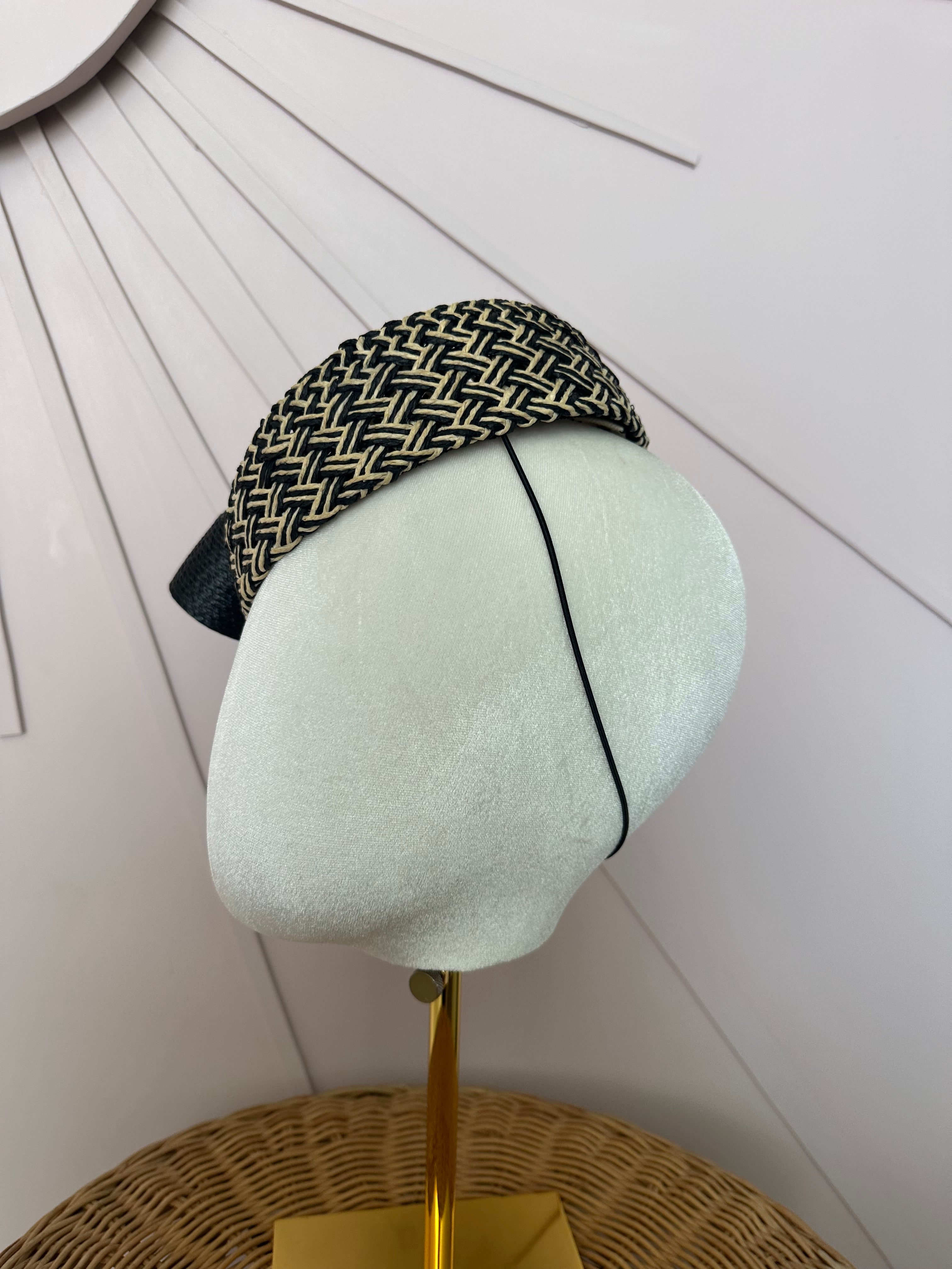 Black & Natural Woven Pillbox Hat with Sculptural Bow
