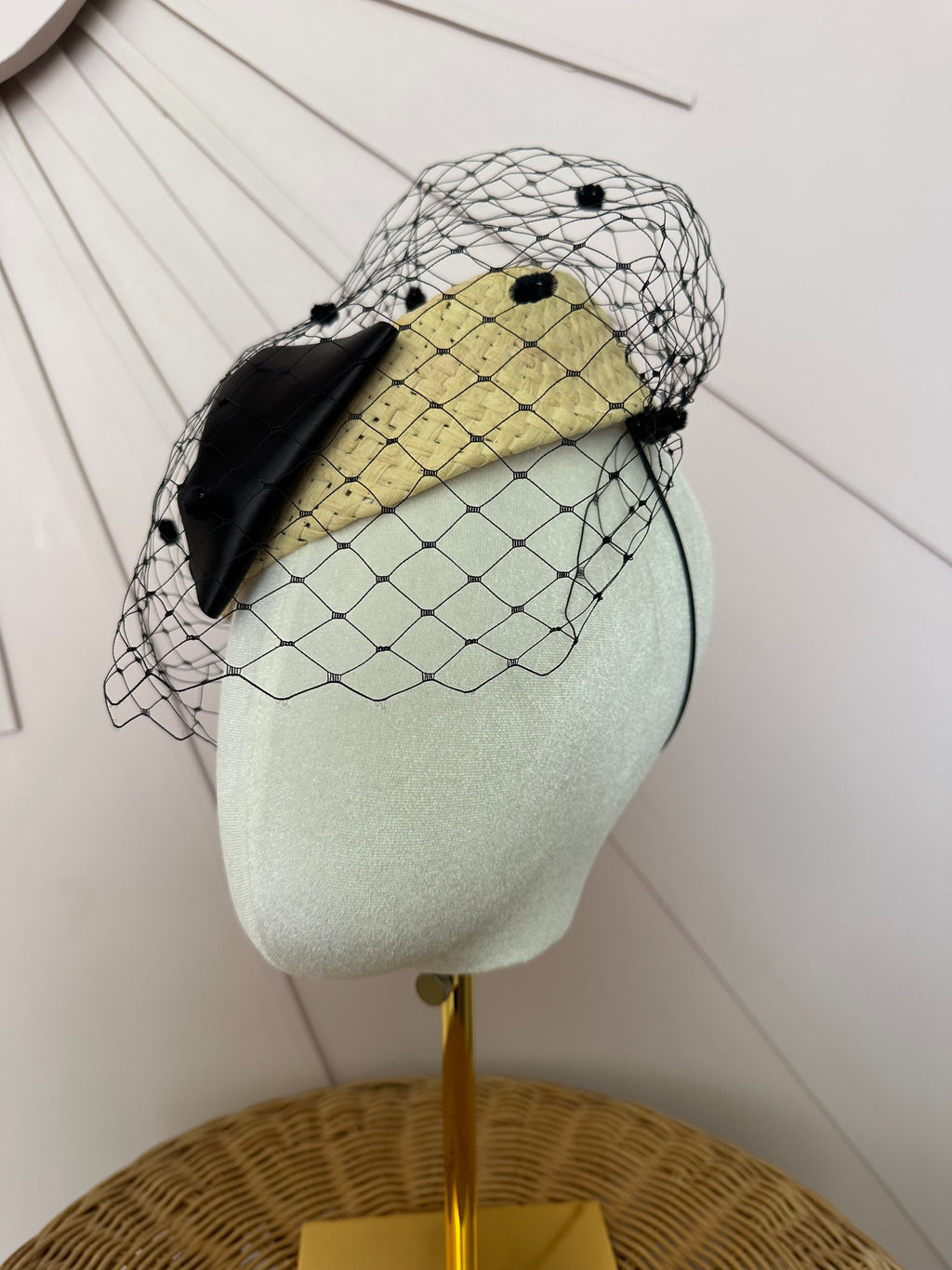 Natural Straw Button Cocktail Hat with Black Bow & French Veiling
