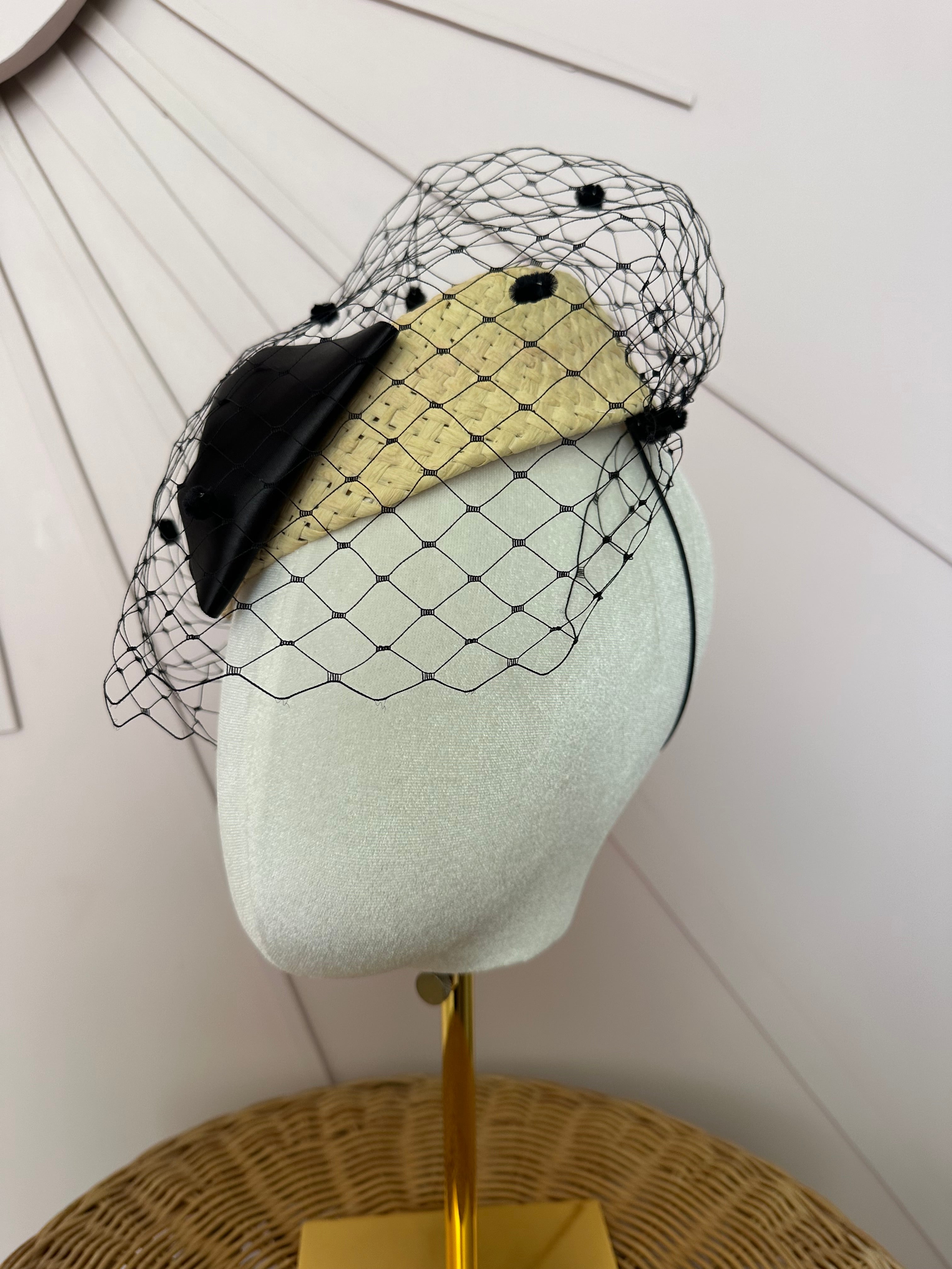 Natural Straw Button Cocktail Hat with Black Bow & French Veiling