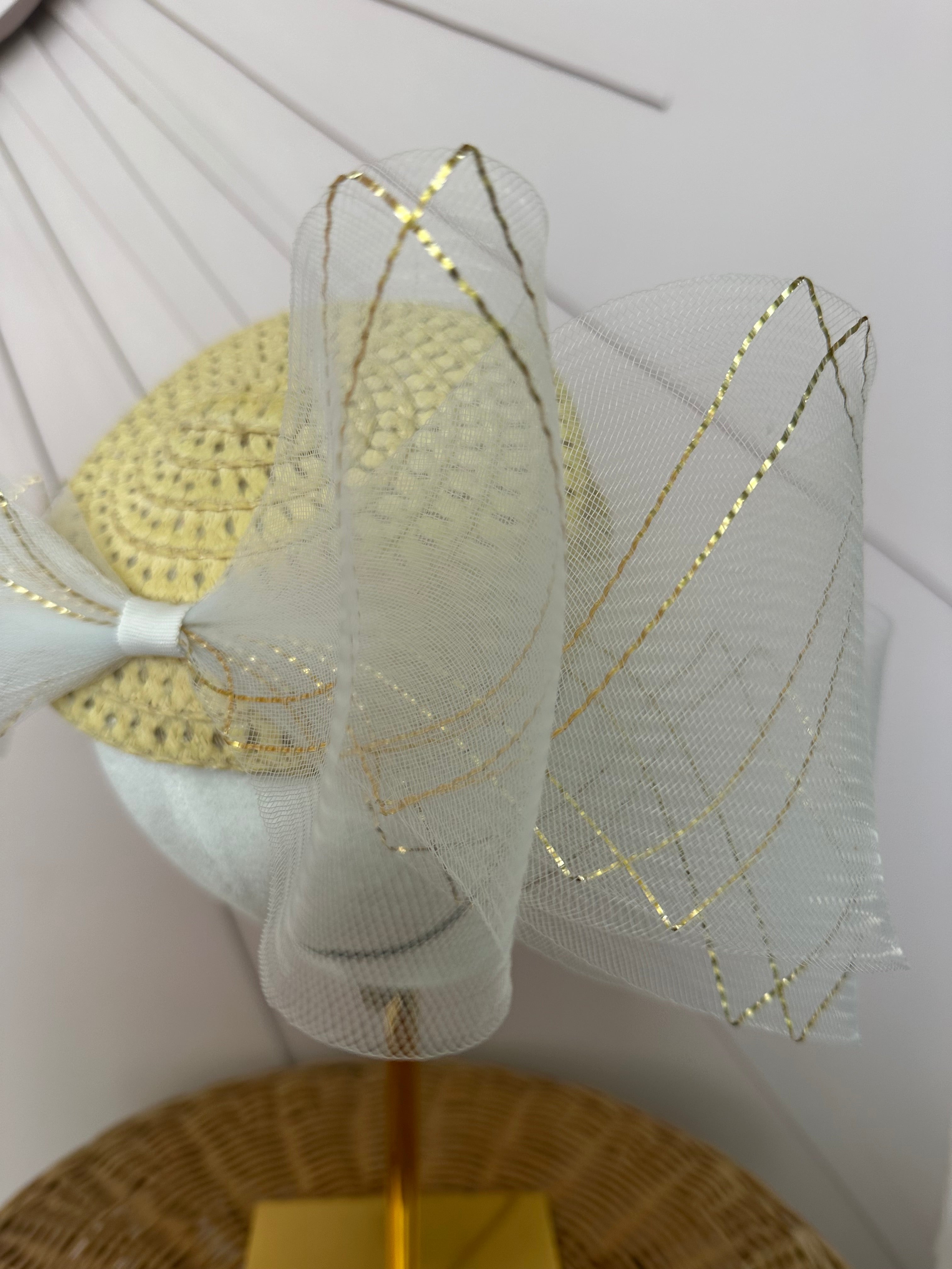 Natural Straw Pillbox Hat with Ivory & Gold Crinoline Bow
