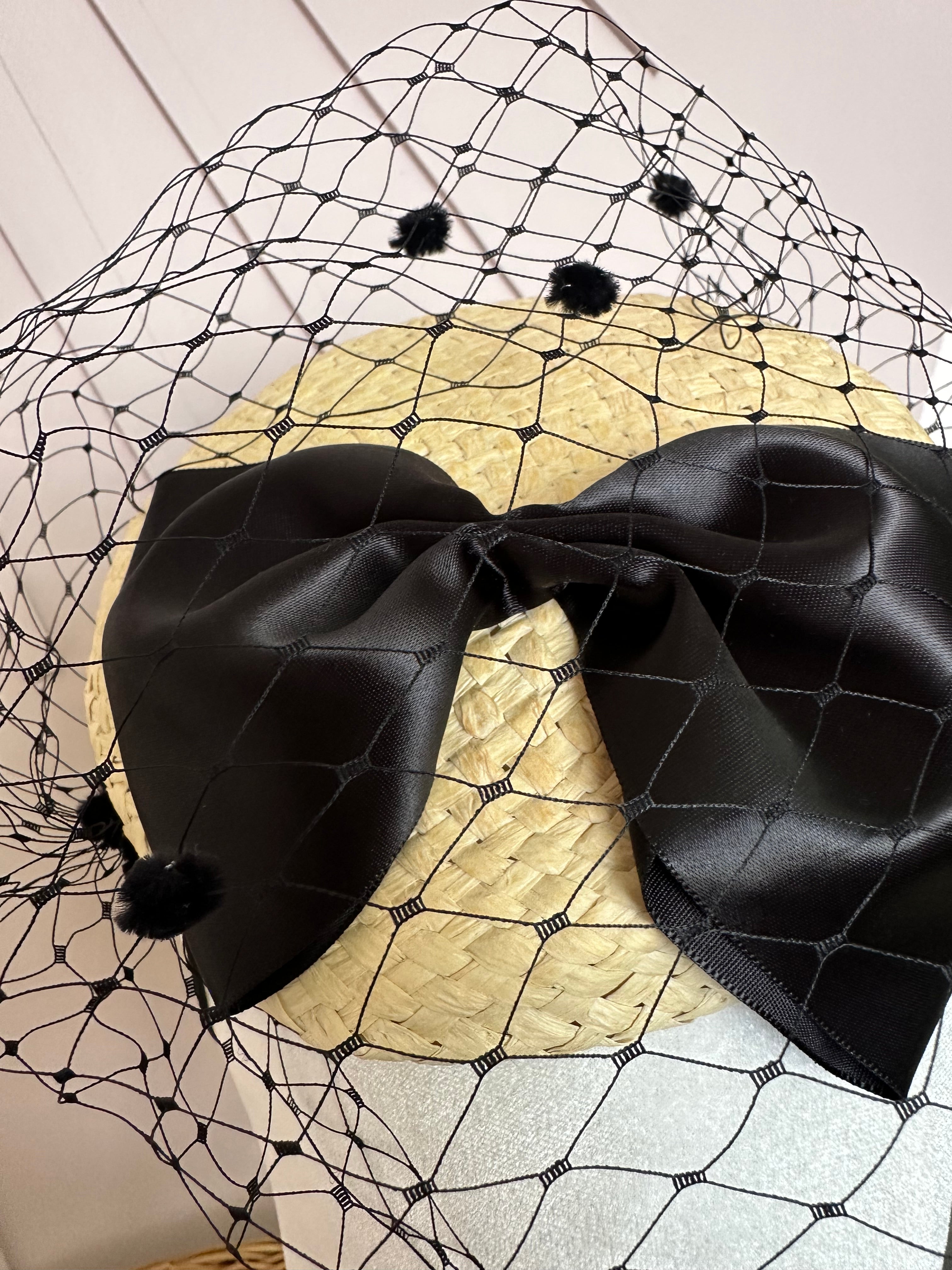 Natural Straw Button Cocktail Hat with Black Bow & French Veiling