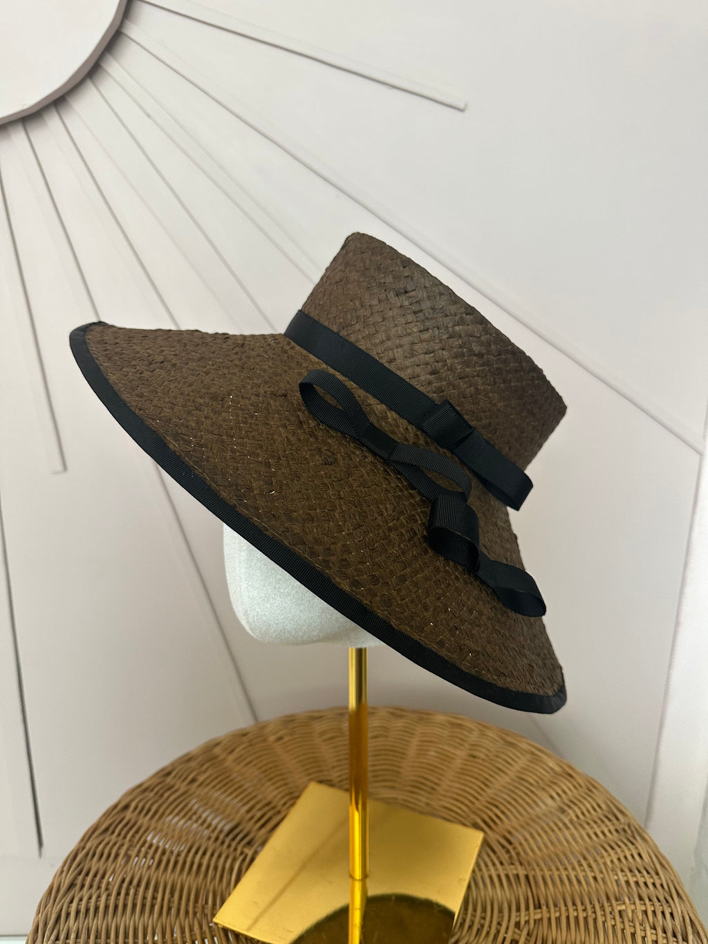 Chocolate Brown Wide Brim Straw Occasion Hat with Vintage Black Petersham Trim