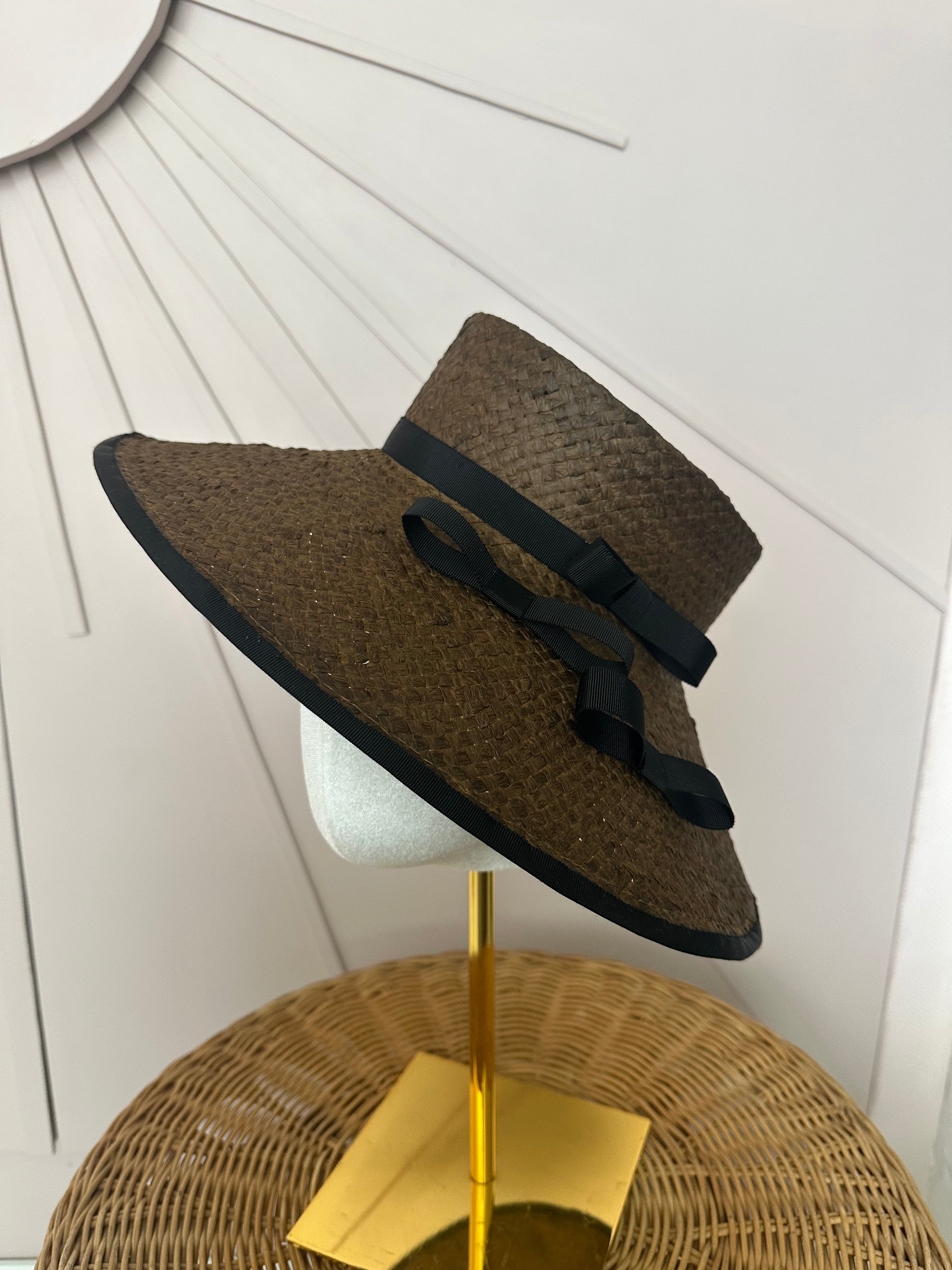 Chocolate Brown Wide Brim Straw Occasion Hat with Vintage Black Petersham Trim