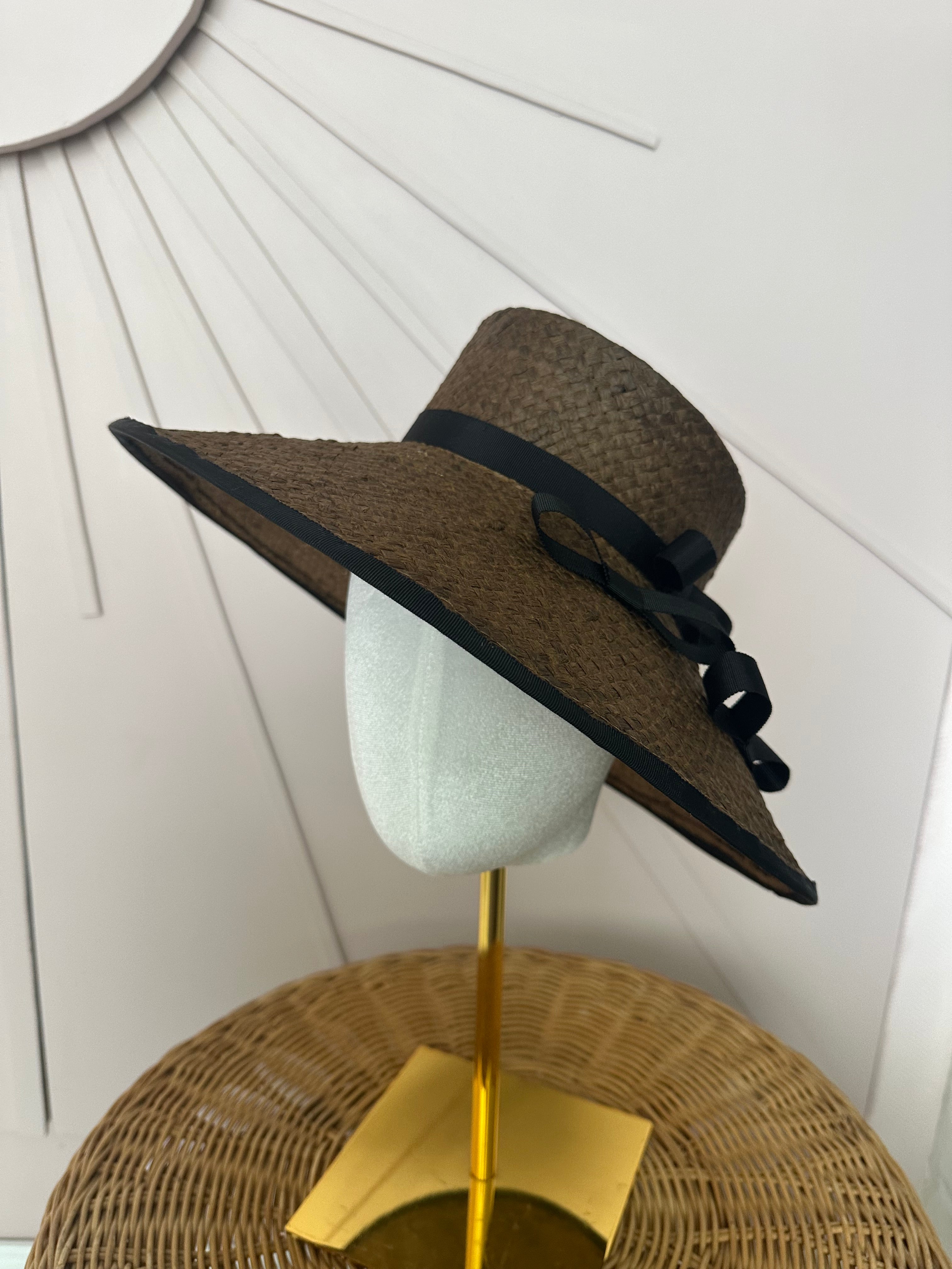 Chocolate Brown Wide Brim Straw Occasion Hat with Vintage Black Petersham Trim