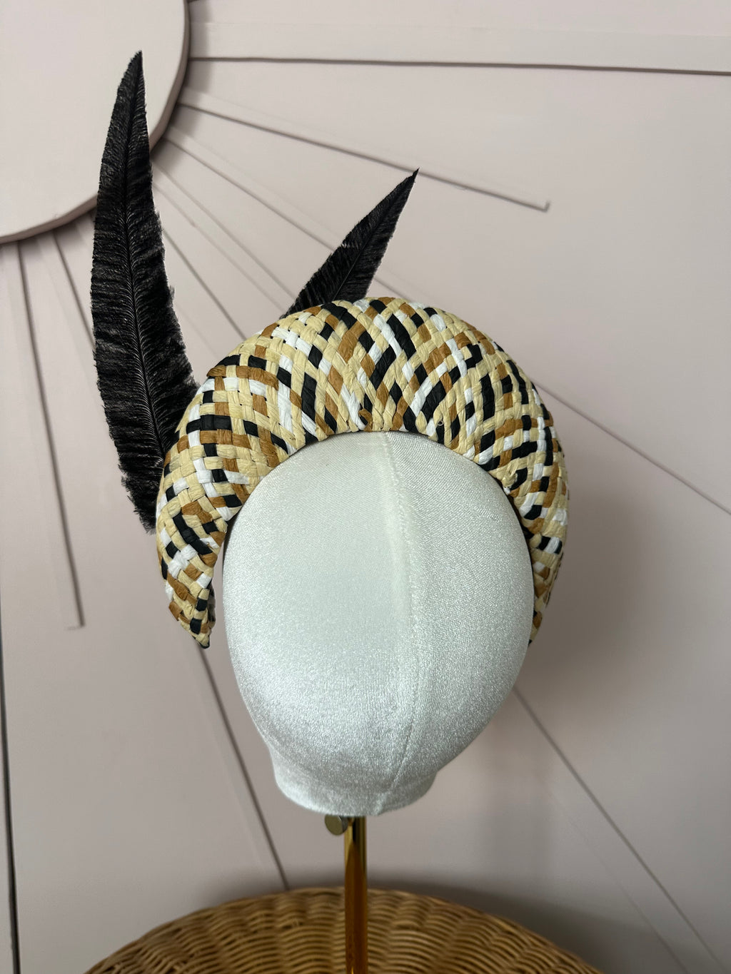 Black & Natural Woven Straw Halo Headpiece Woven with Hand-Trimmed Feather Detail