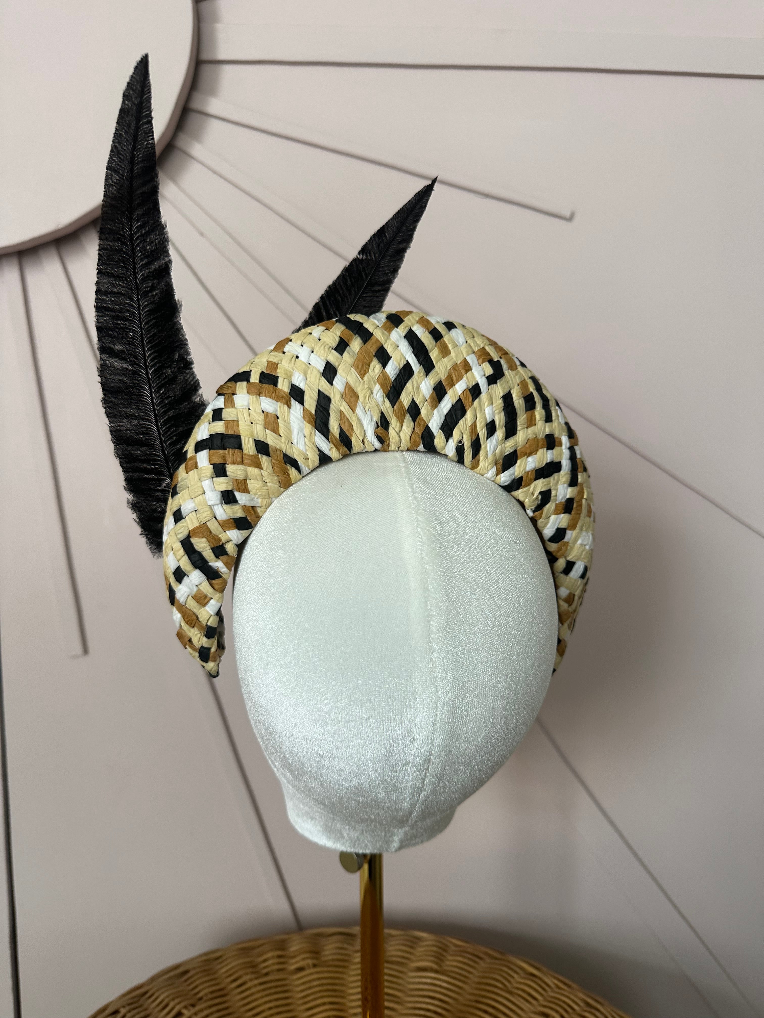Black & Natural Woven Straw Halo Headpiece Woven with Hand-Trimmed Feather Detail