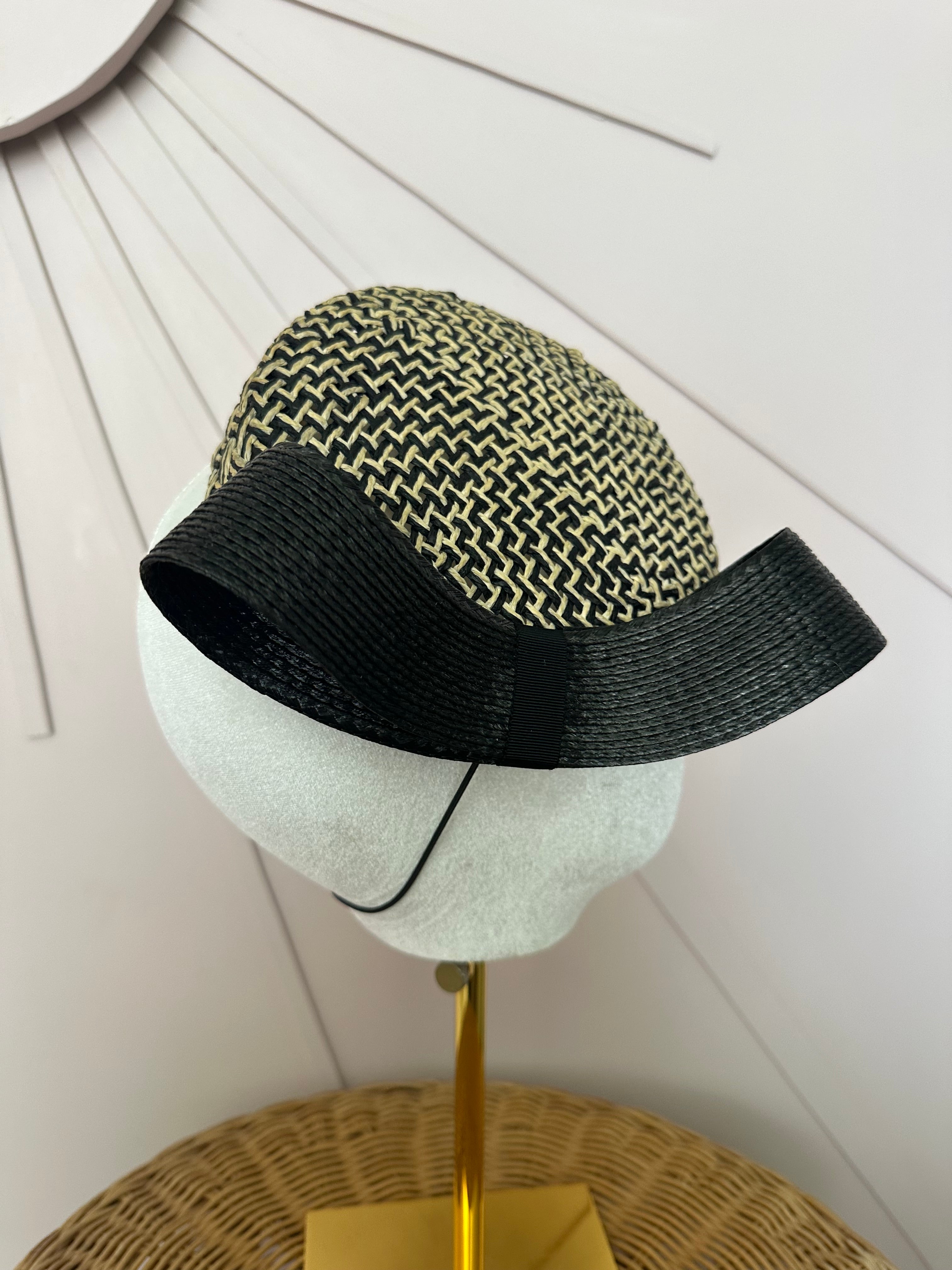 Black & Natural Woven Pillbox Hat with Sculptural Bow