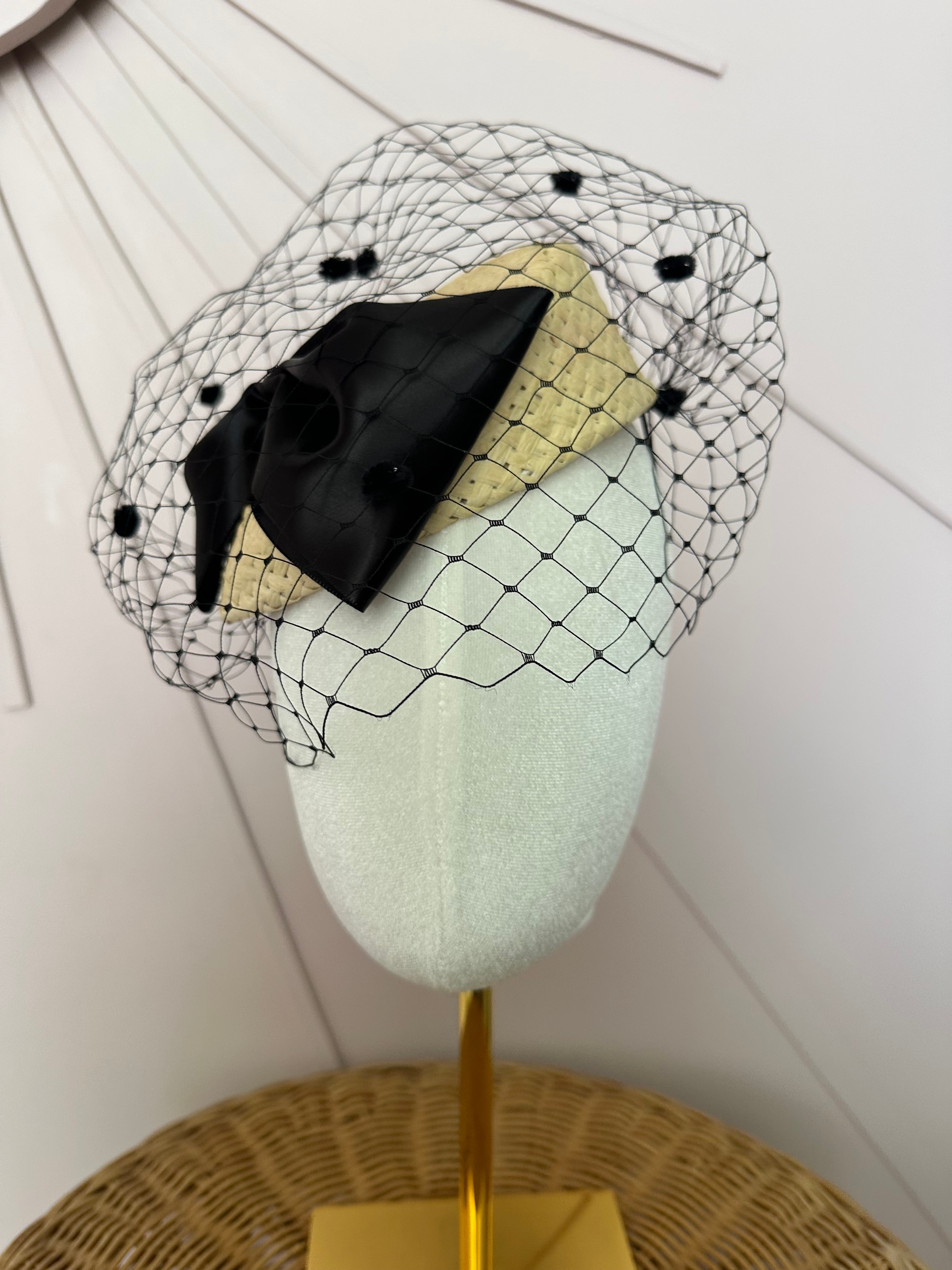 Natural Straw Button Cocktail Hat with Black Bow & French Veiling