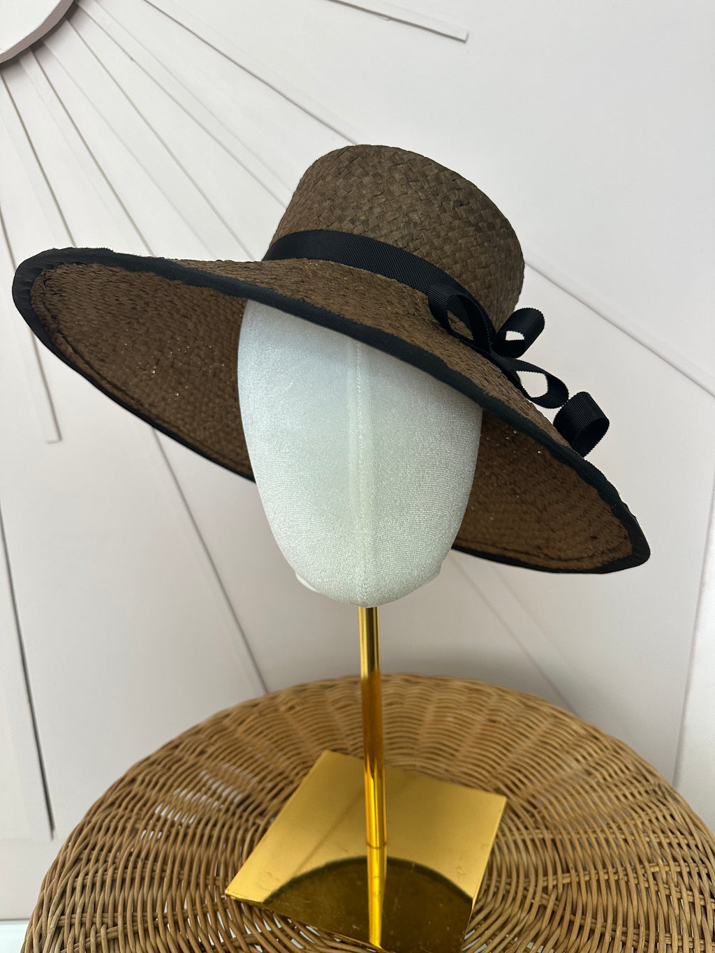 Chocolate Brown Wide Brim Straw Occasion Hat with Vintage Black Petersham Trim