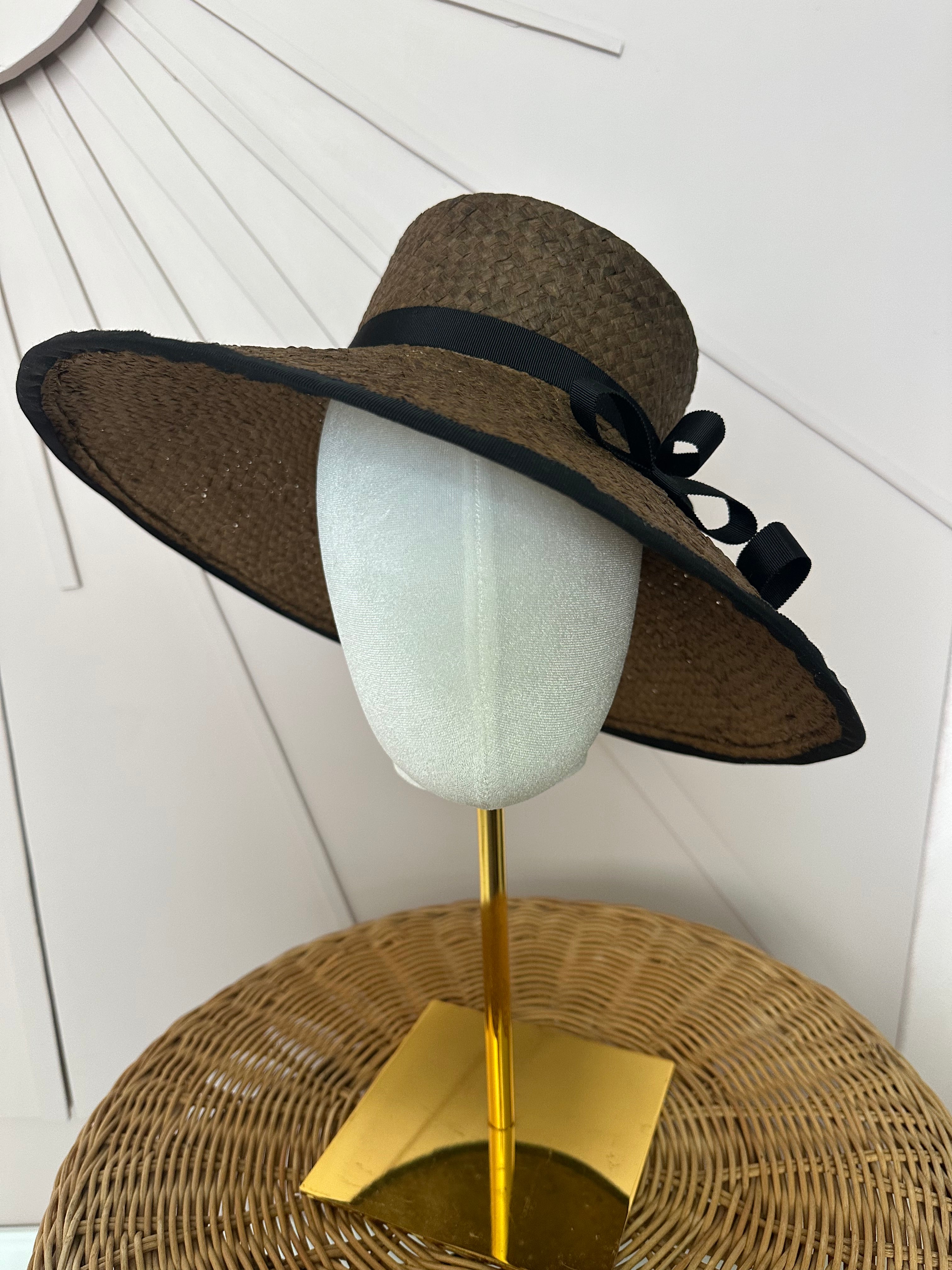 Chocolate Brown Wide Brim Straw Occasion Hat with Vintage Black Petersham Trim