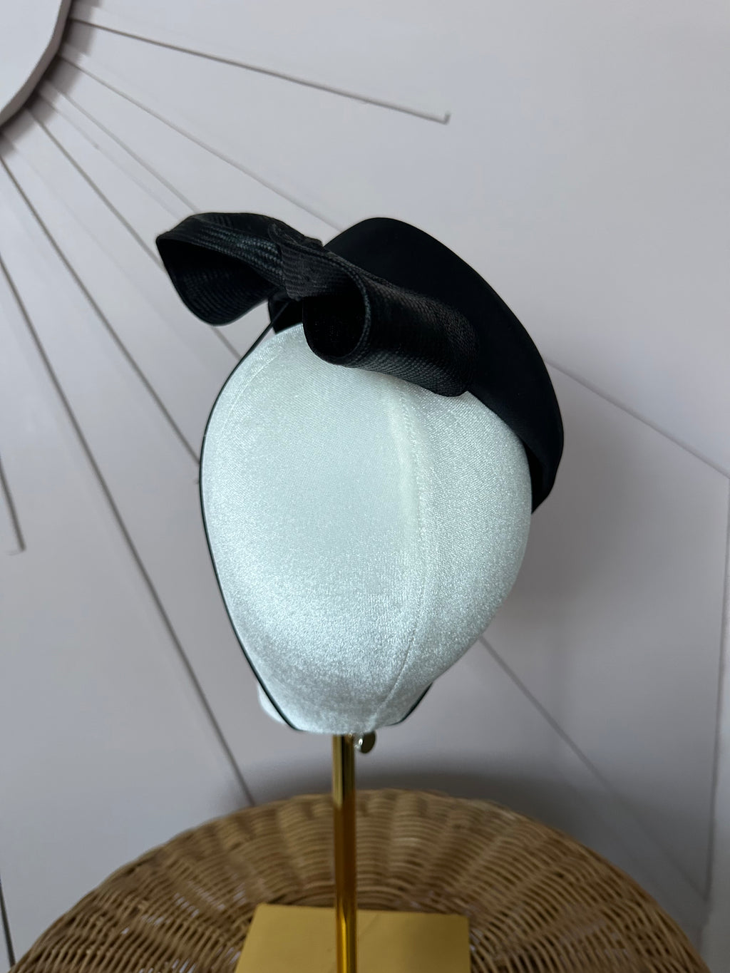Vintage Black Satin Cocktail Hat with Sculptural Sisal Bow