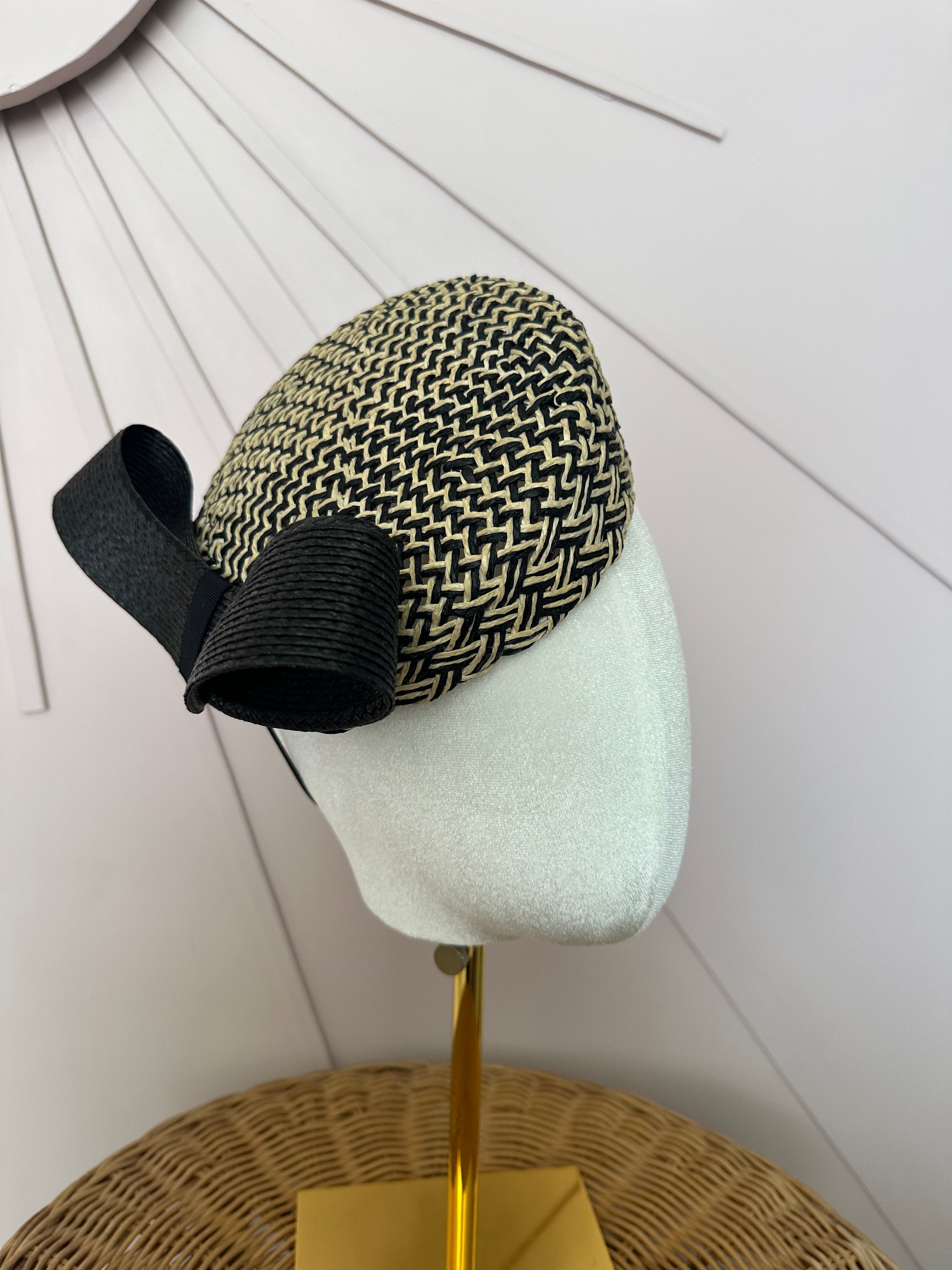 Black & Natural Woven Pillbox Hat with Sculptural Bow