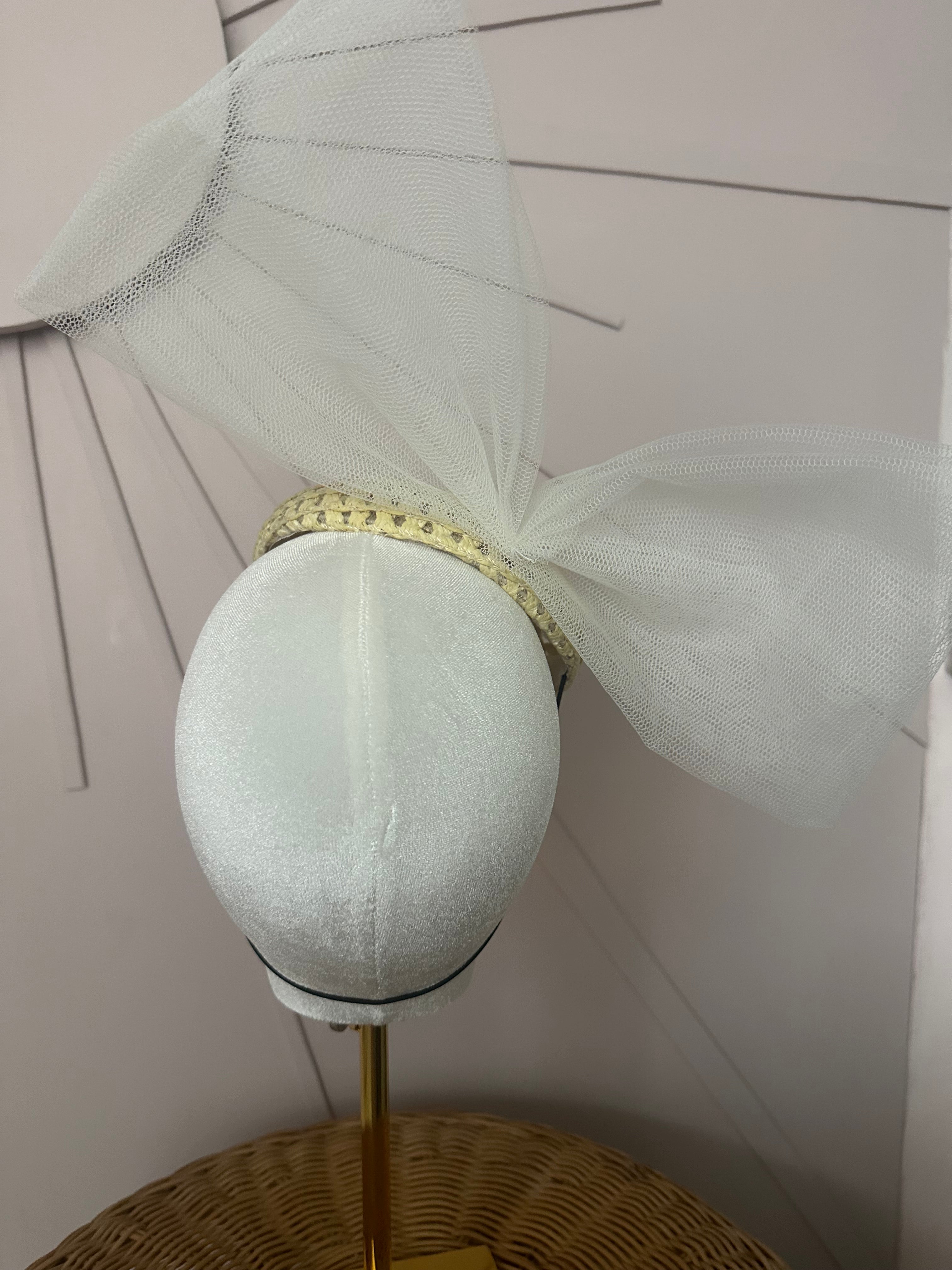 Natural Straw Cocktail Hat with Sculptural Tulle Bow