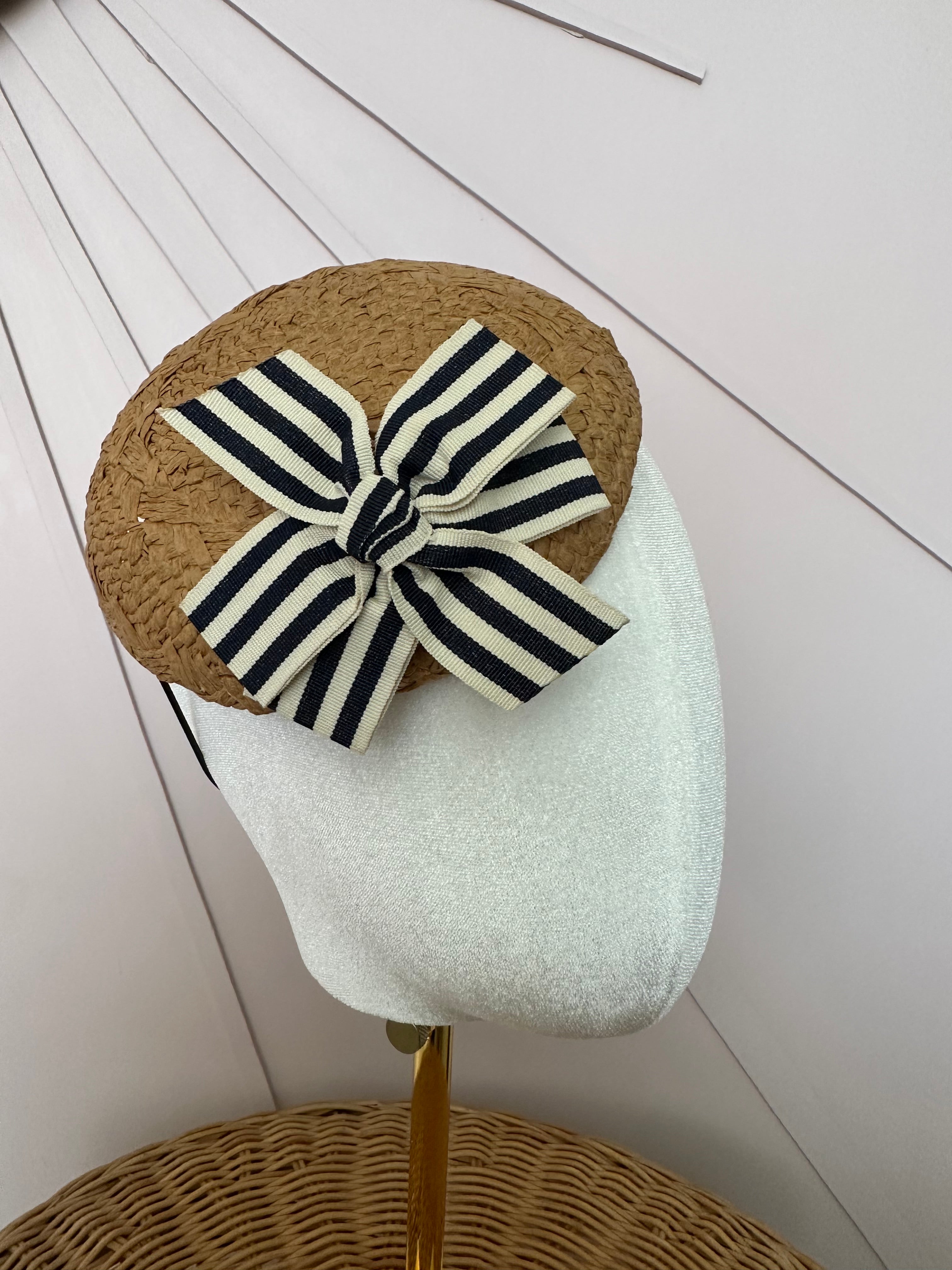 Woven Straw Button Cocktail Hat with Navy & Ivory Grosgrain Bow