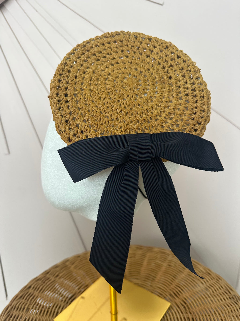Natural Crochet Straw Button Hat with Black Grosgrain Bow