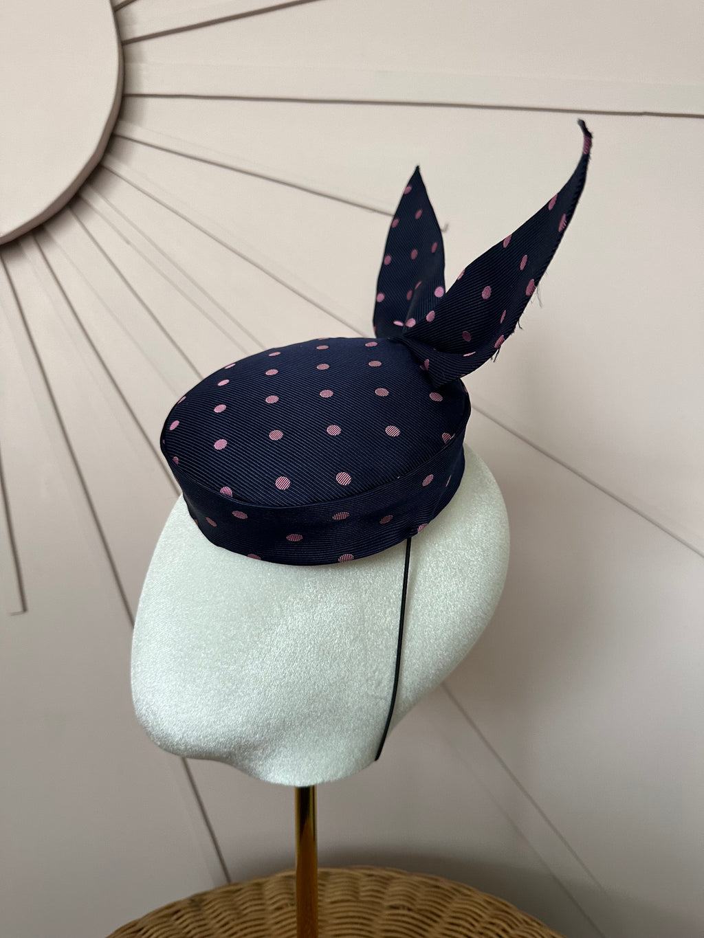 Navy Silk Pillbox Hat with Sculptural Bow
