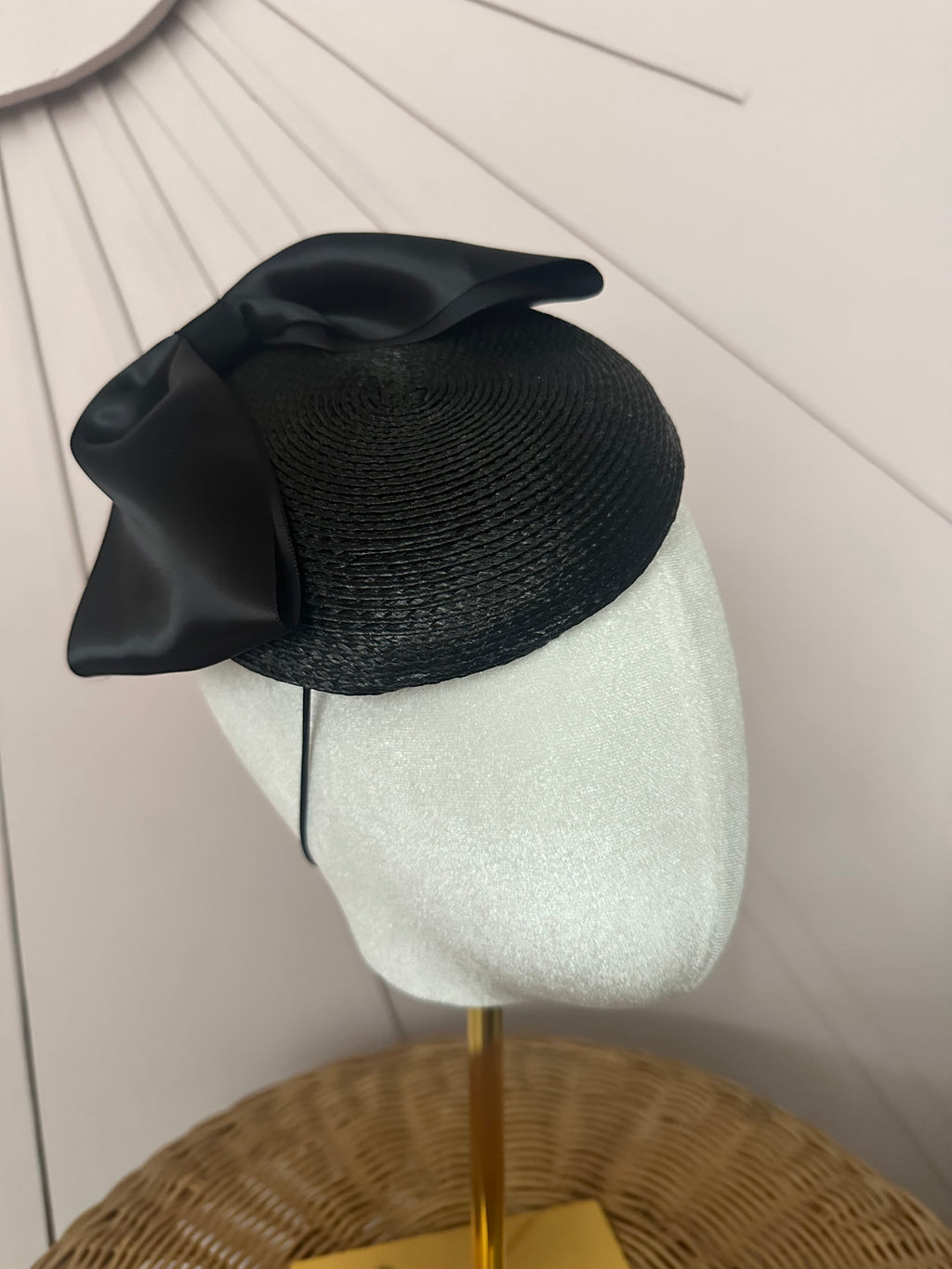 Classic Black Woven Poly Braid Button Cocktail Hat with Sculptural Satin Bow