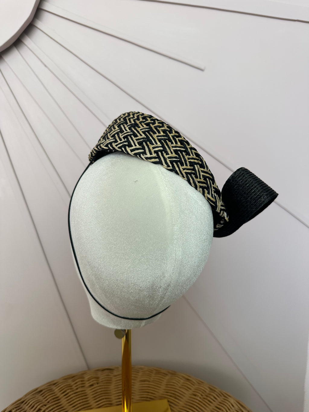 Black & Natural Woven Pillbox Hat with Sculptural Bow