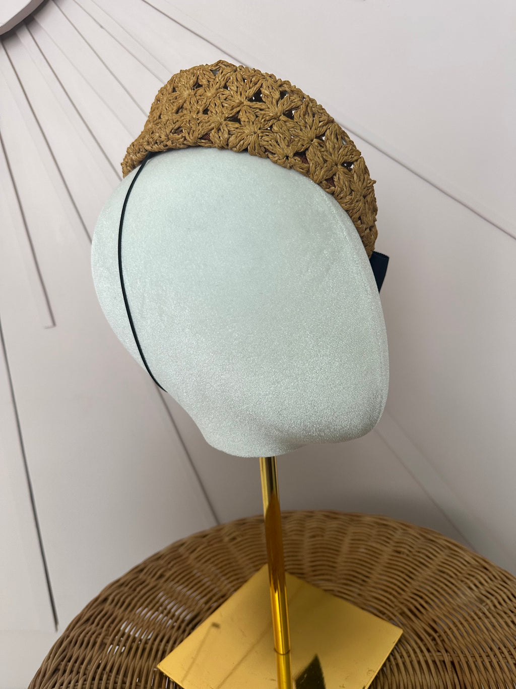 Natural Crochet Straw Button Hat with Black Grosgrain Bow