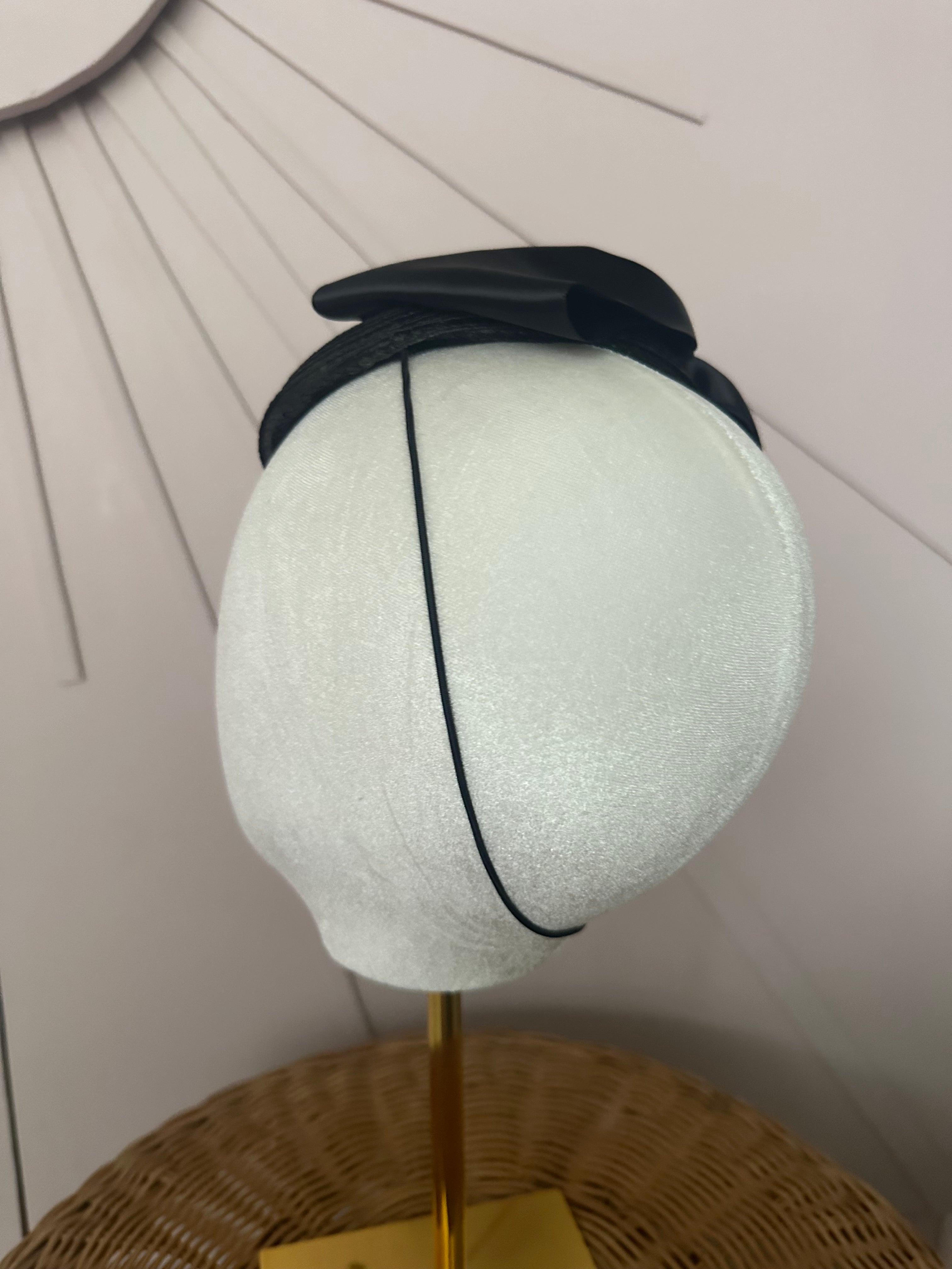 Classic Black Woven Poly Braid Button Cocktail Hat with Sculptural Satin Bow