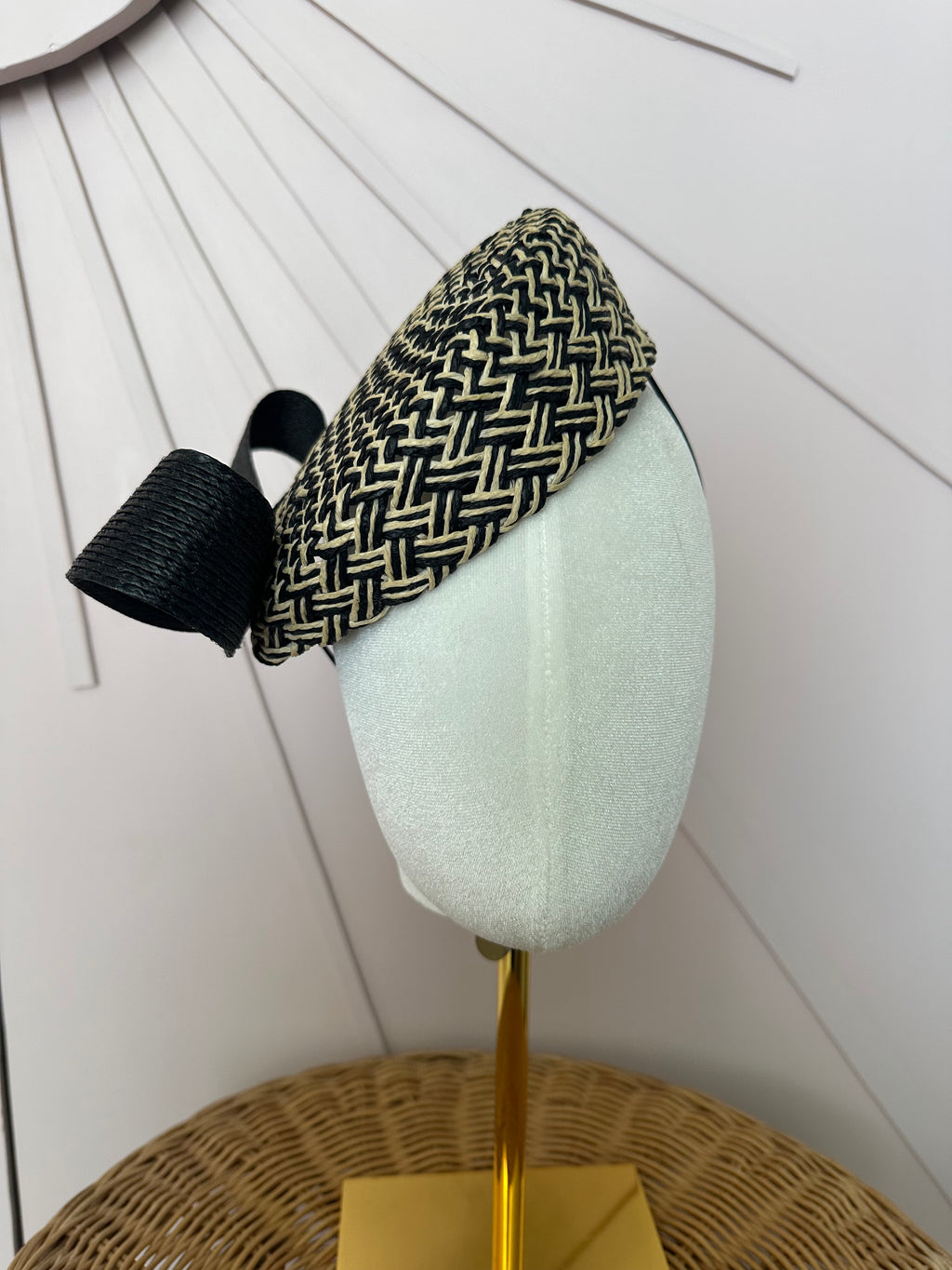 Black & Natural Woven Pillbox Hat with Sculptural Bow