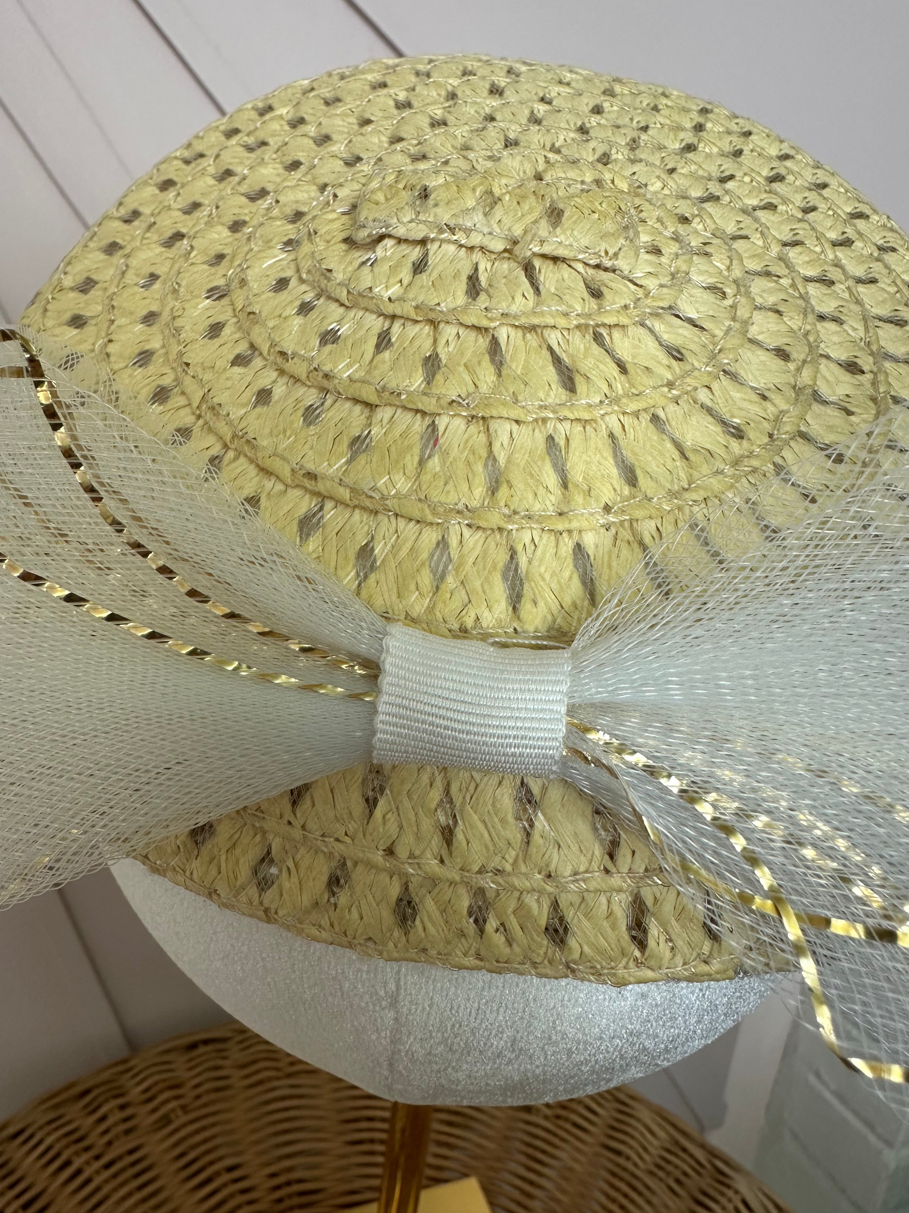 Natural Straw Pillbox Hat with Ivory & Gold Crinoline Bow