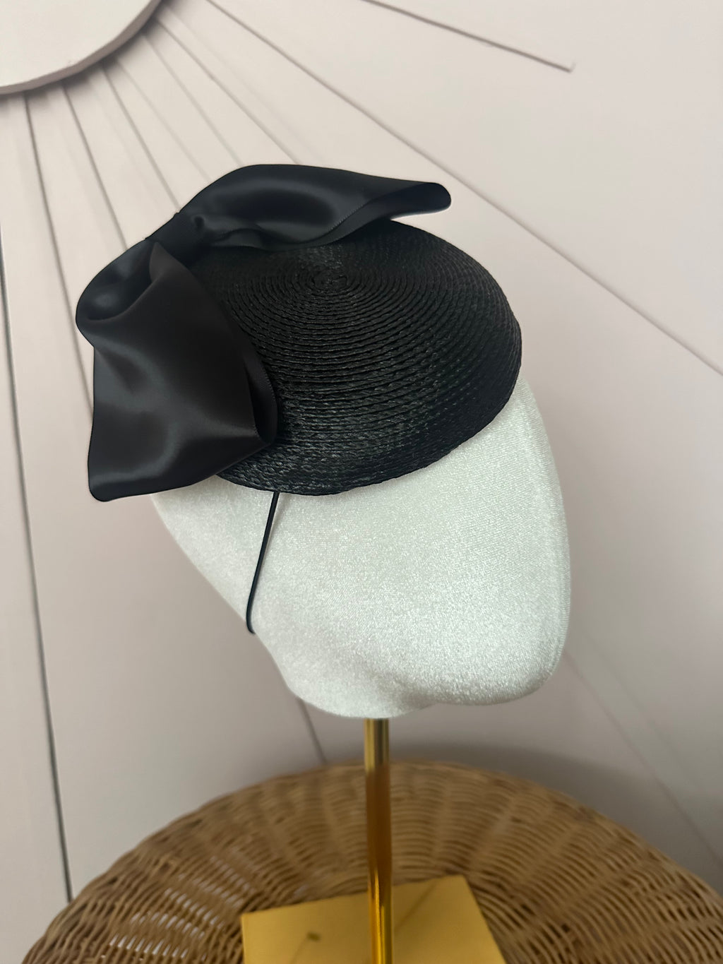 Classic Black Woven Poly Braid Button Cocktail Hat with Sculptural Satin Bow