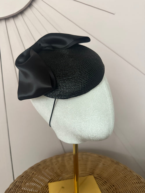 Classic Black Woven Poly Braid Button Cocktail Hat with Sculptural Satin Bow