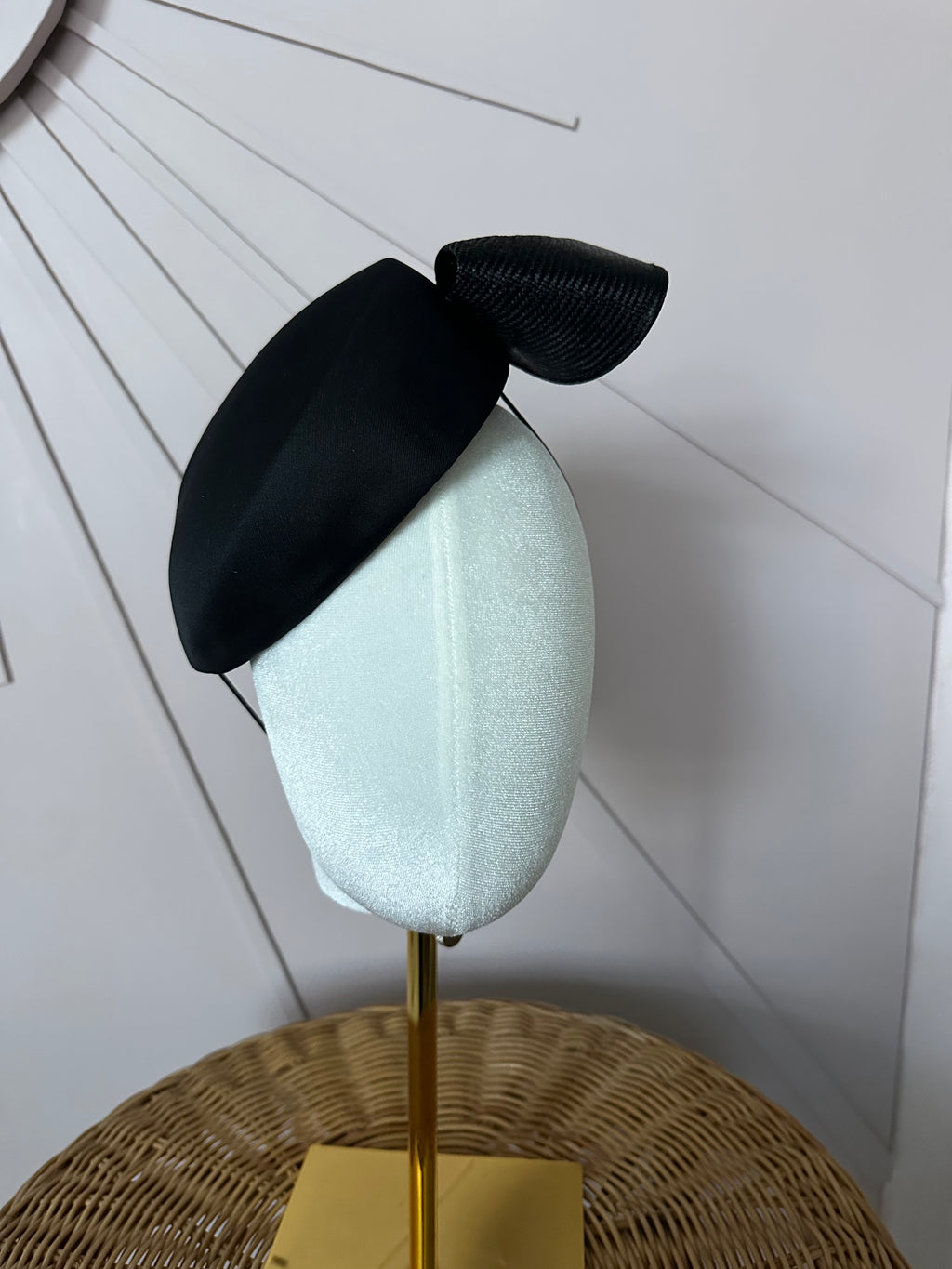 Vintage Black Satin Cocktail Hat with Sculptural Sisal Bow