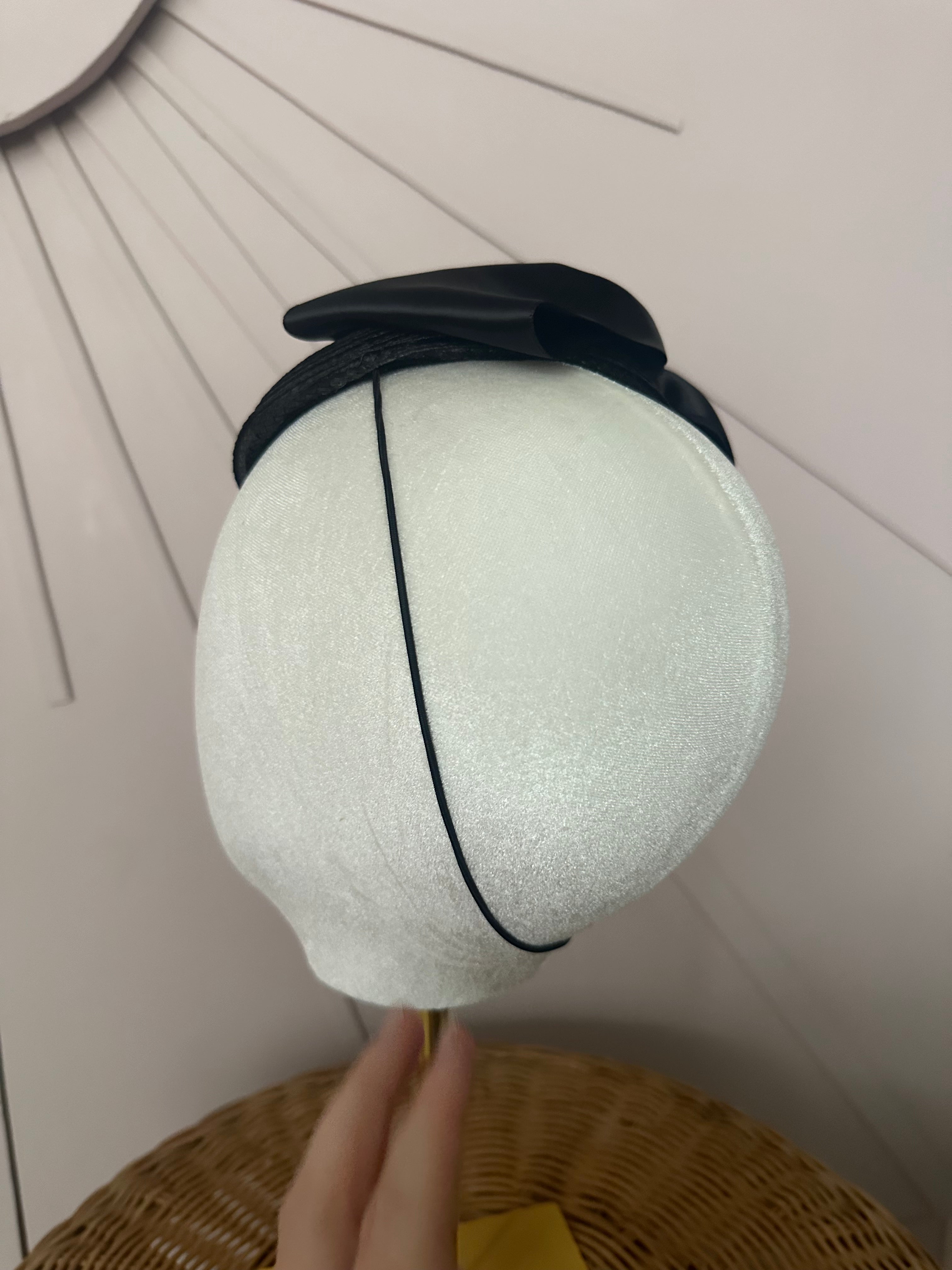 Classic Black Woven Poly Braid Button Cocktail Hat with Sculptural Satin Bow
