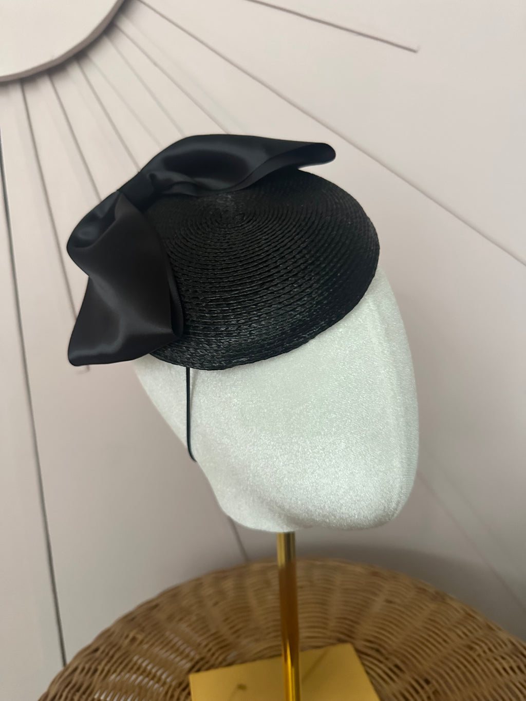 Classic Black Woven Poly Braid Button Cocktail Hat with Sculptural Satin Bow