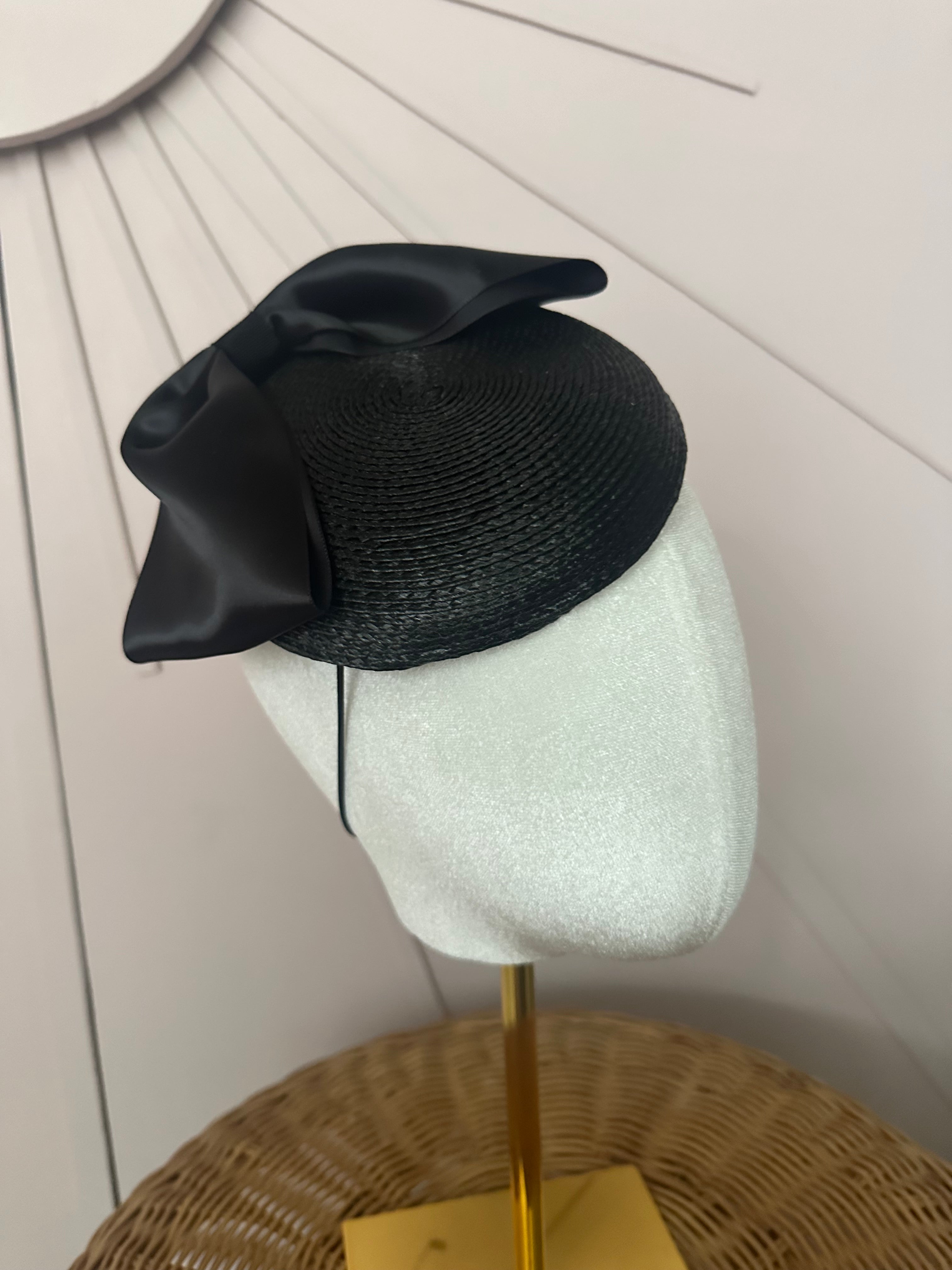 Classic Black Woven Poly Braid Button Cocktail Hat with Sculptural Satin Bow
