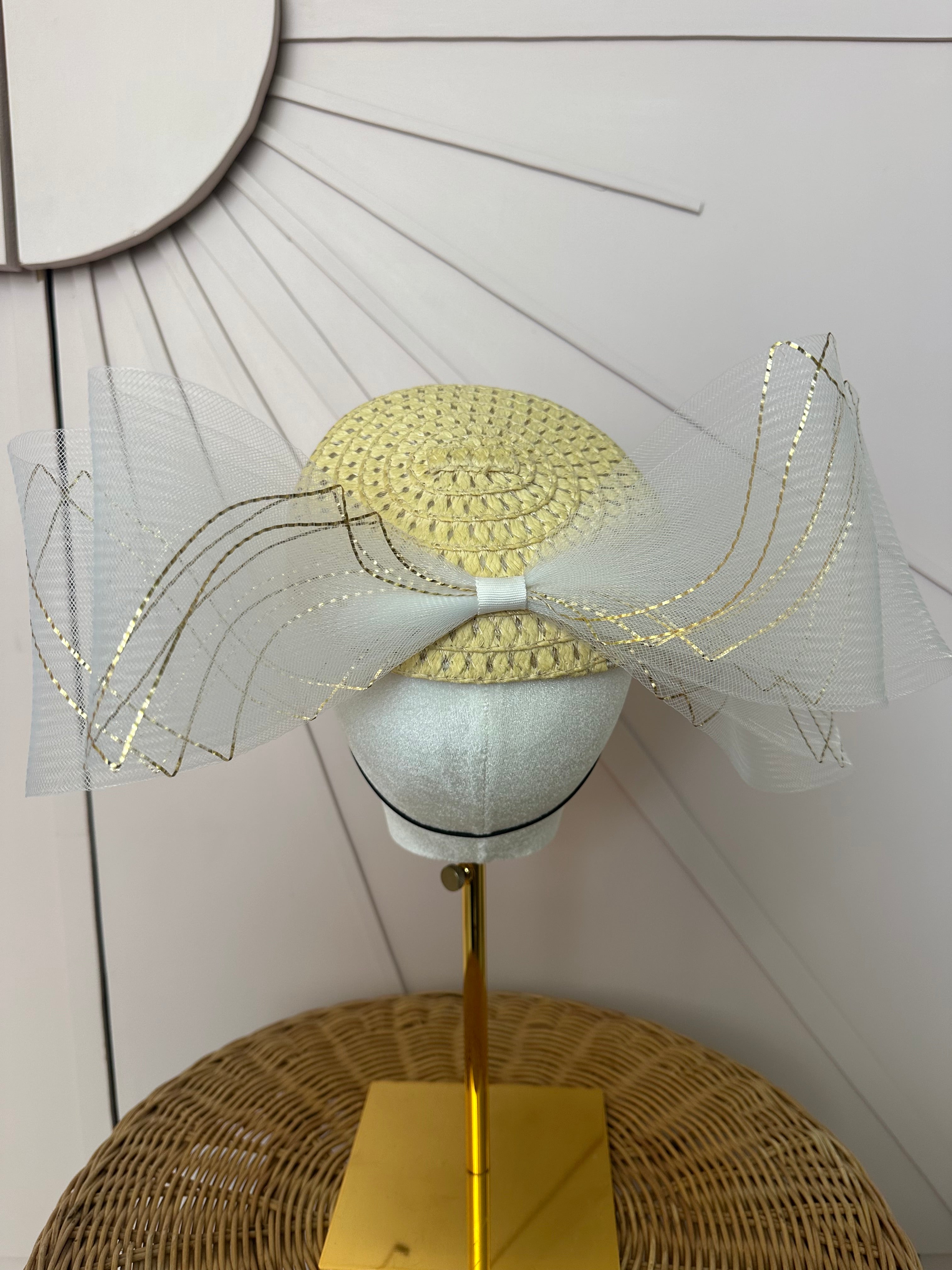 Natural Straw Pillbox Hat with Ivory & Gold Crinoline Bow