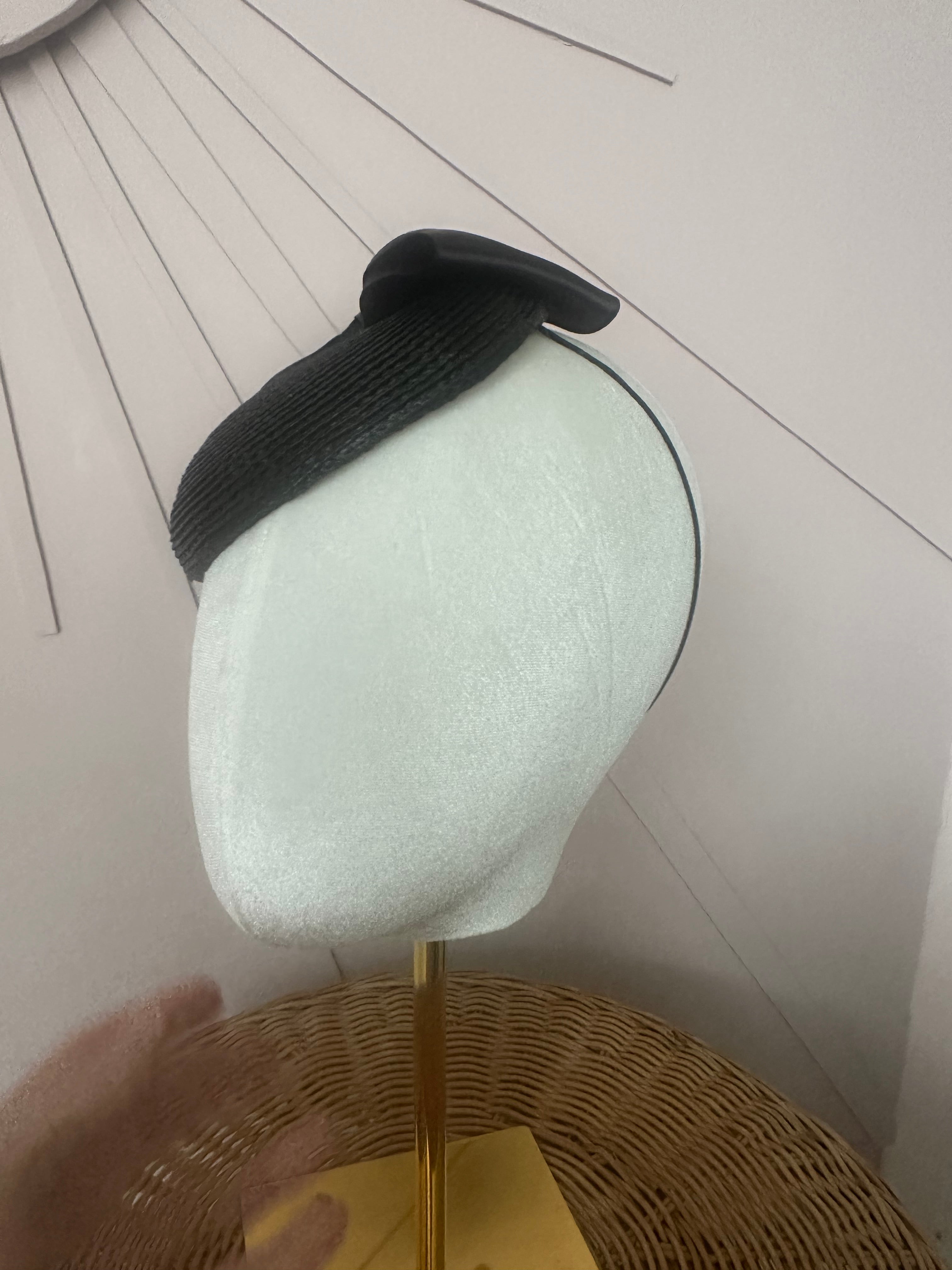Classic Black Woven Poly Braid Button Cocktail Hat with Sculptural Satin Bow