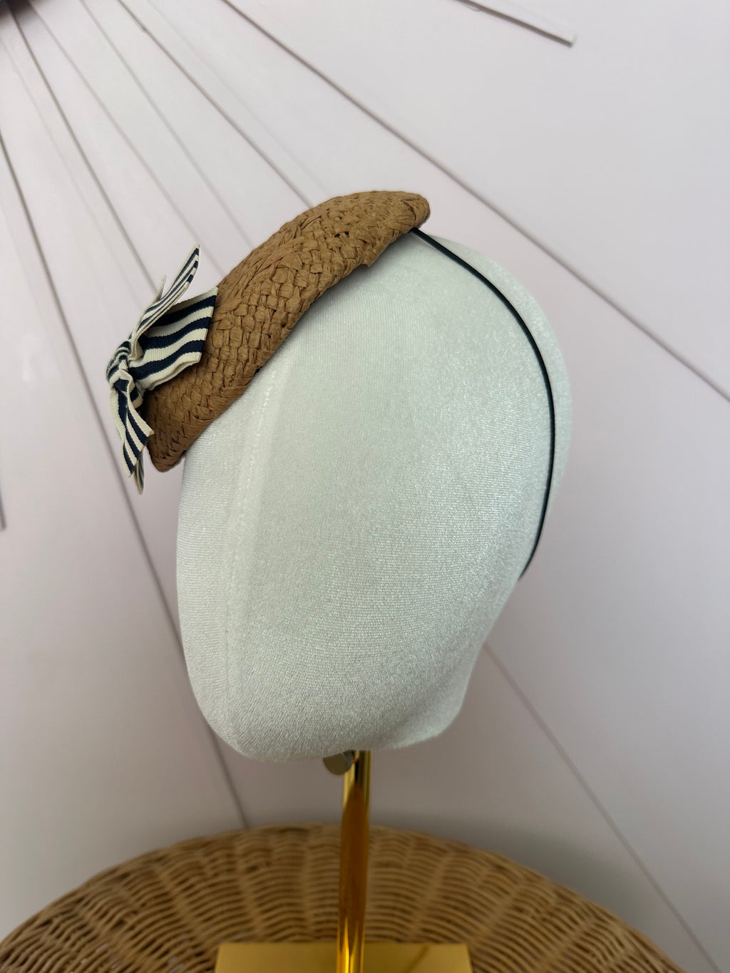 Woven Straw Button Cocktail Hat with Navy & Ivory Grosgrain Bow