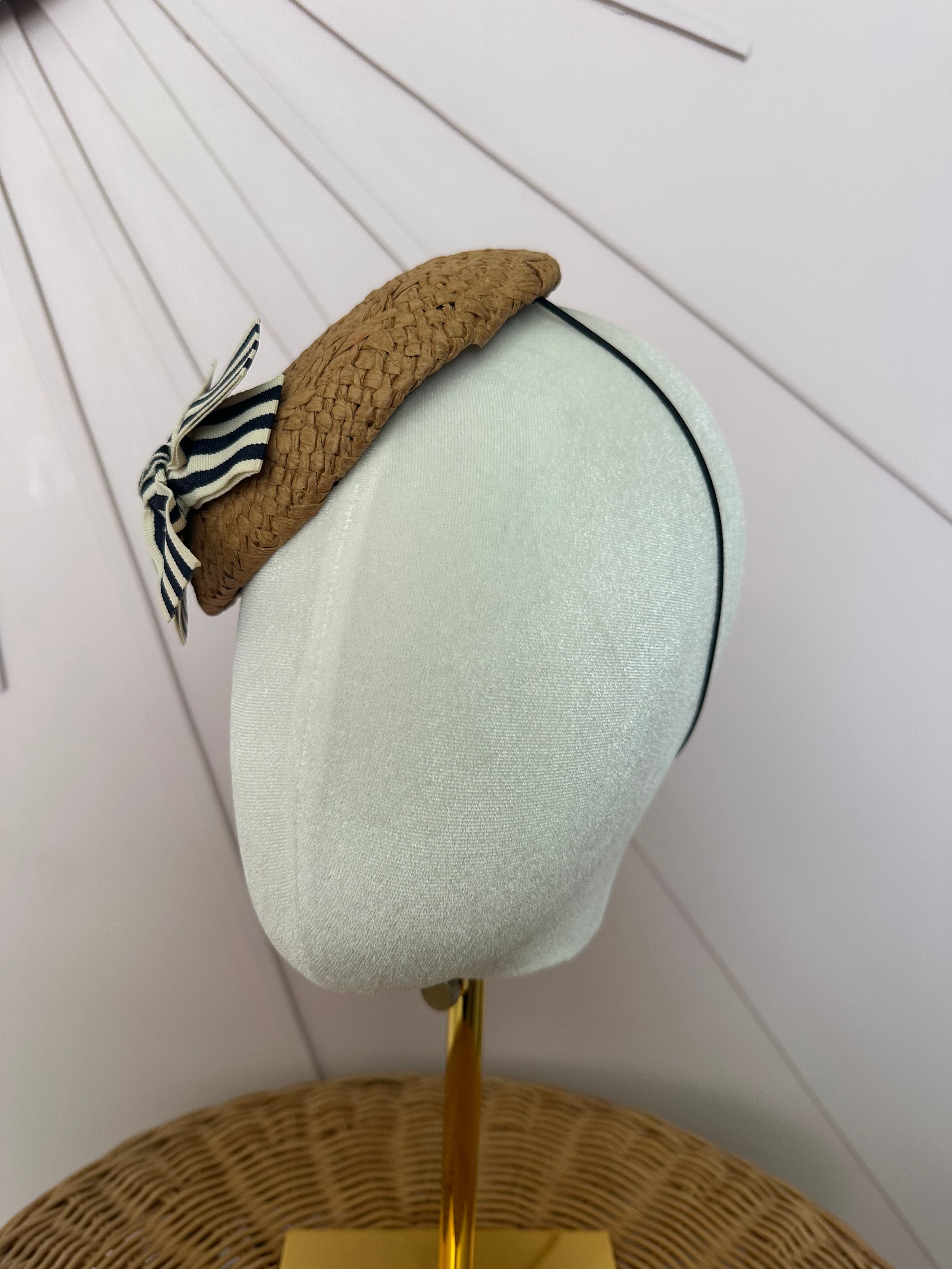 Woven Straw Button Cocktail Hat with Navy & Ivory Grosgrain Bow
