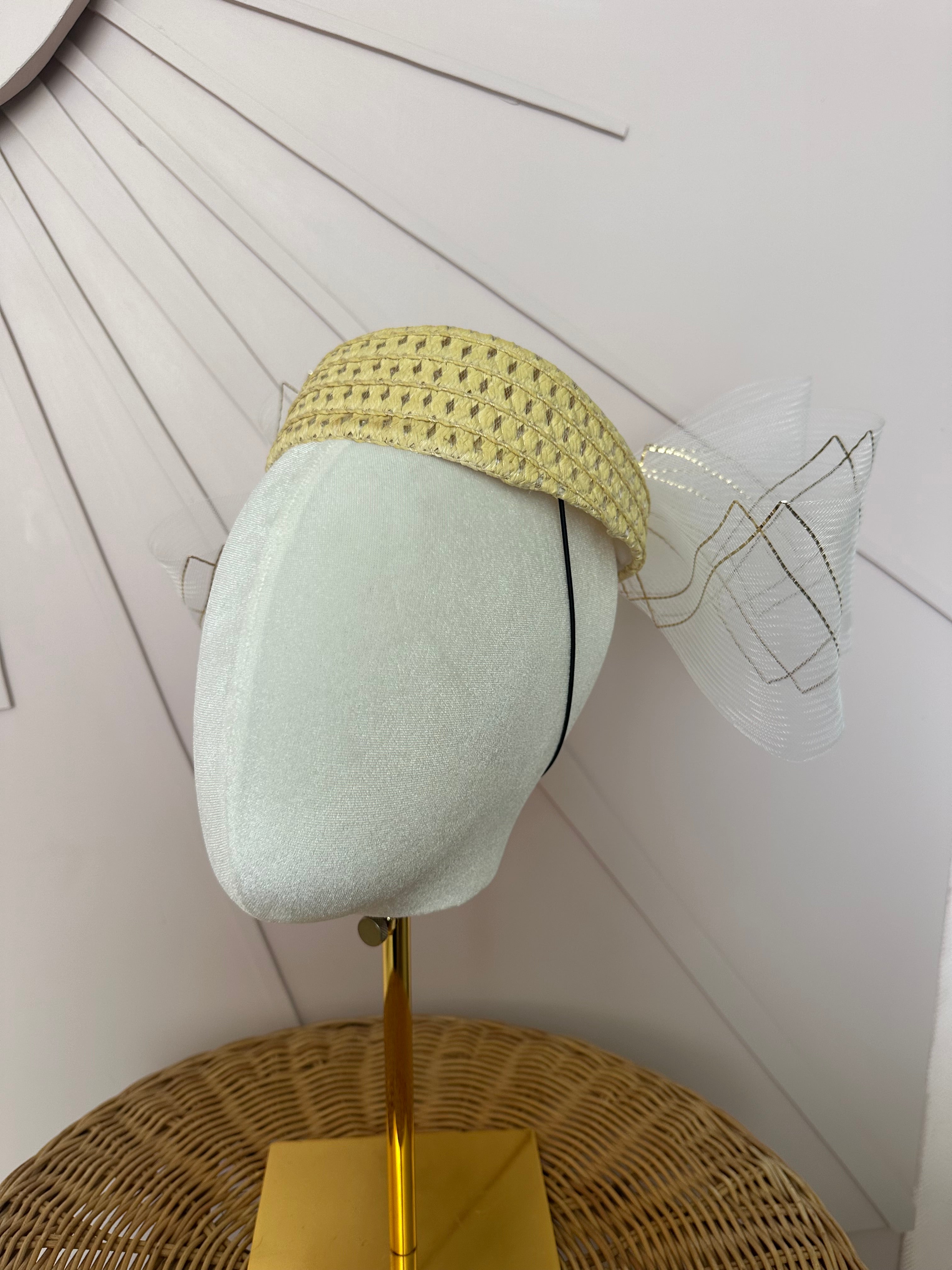 Natural Straw Pillbox Hat with Ivory & Gold Crinoline Bow