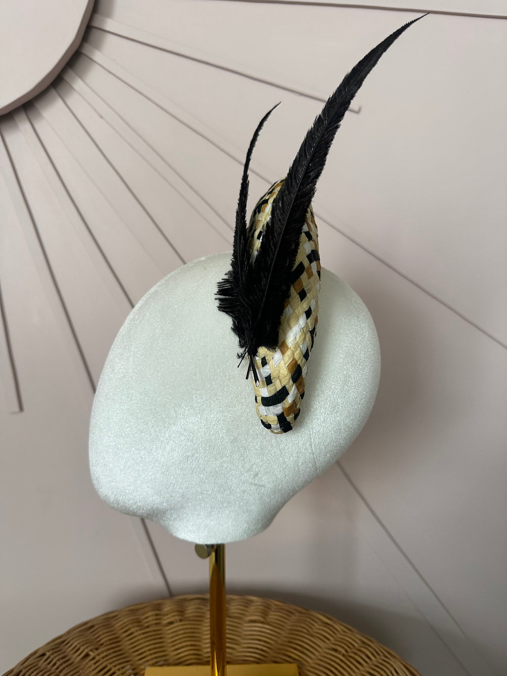 Black & Natural Woven Straw Halo Headpiece Woven with Hand-Trimmed Feather Detail