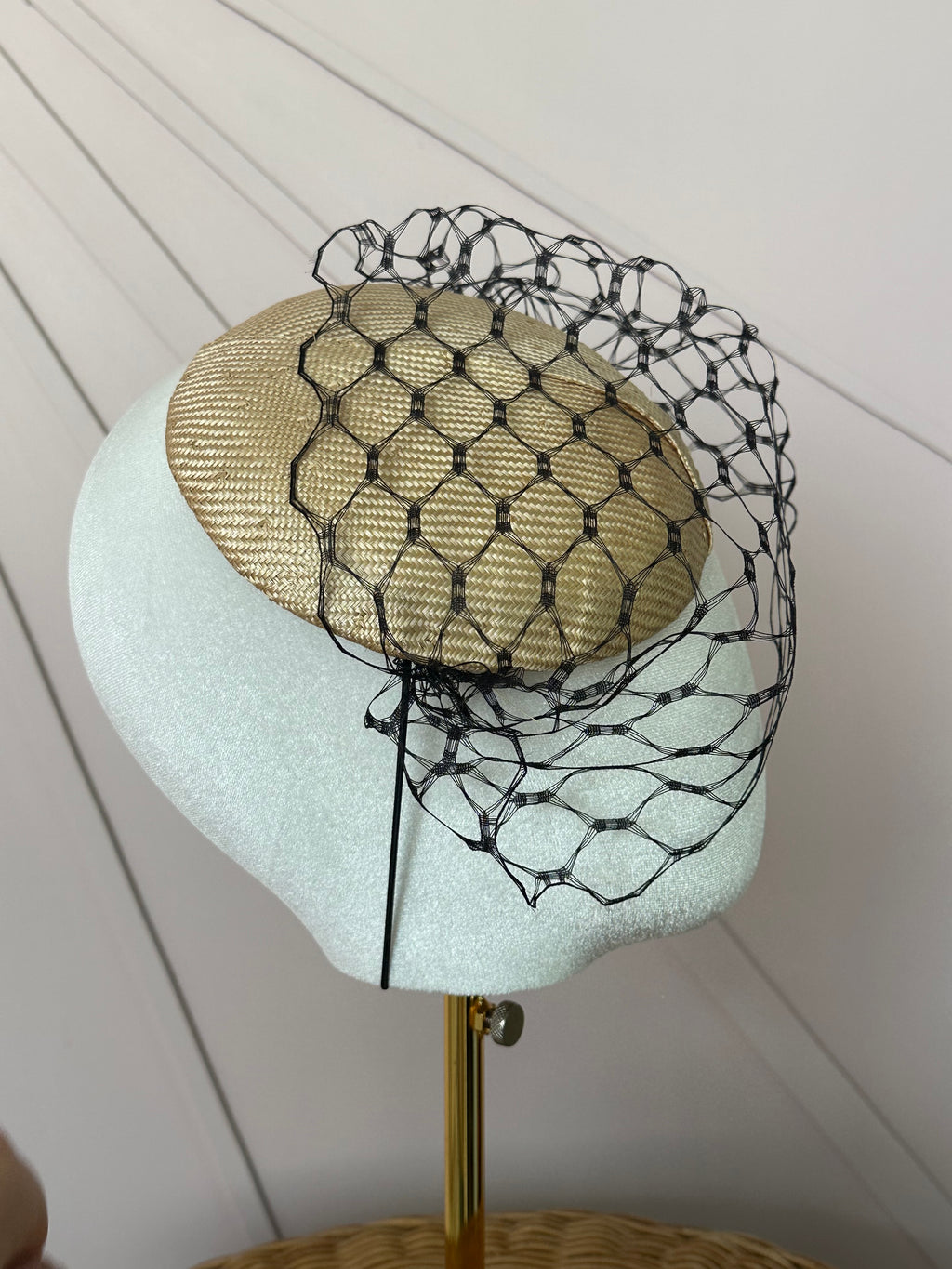 Vintage Sisal Cocktail Hat with Deadstock Russian Veiling | One of a Kind