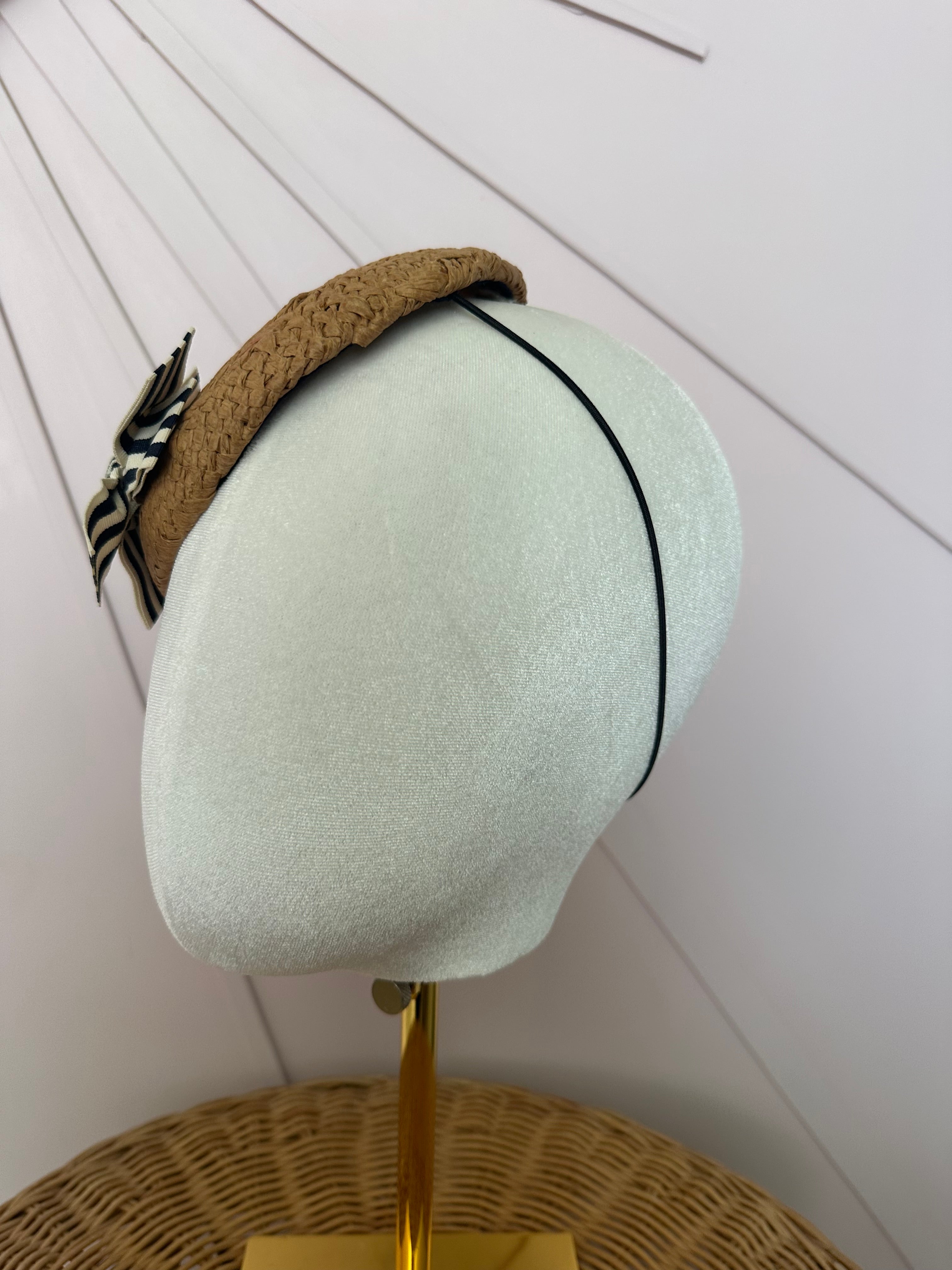 Woven Straw Button Cocktail Hat with Navy & Ivory Grosgrain Bow